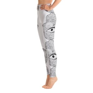 Hamsa Hand Side Pattern High Waist Gray Yoga Pants Leggings - Yoga Leggings - Chakra Galaxy