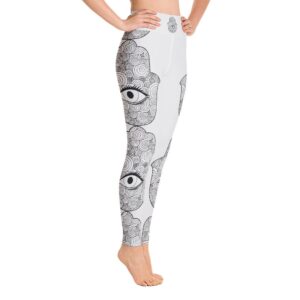 Hamsa Hand Side Pattern High Waist Gray Yoga Pants Leggings - Yoga Leggings - Chakra Galaxy