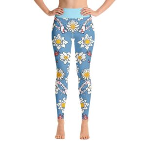 Koi And Lotus Pattern High Waist Blue Leggings Yoga Pants - Yoga Leggings - Chakra Galaxy