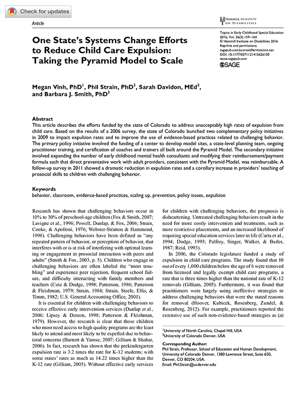 One State's Systems Change Efforts to Reduce Child Care Expulsion: Taking the Pyramid Model to Scale