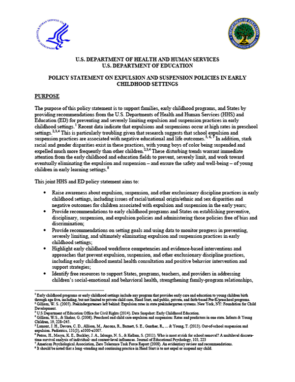 US Department of Health and Human Services, US Department of Education: Policy Statement on Expulsion and Suspension Policies in Early Childhood Settings