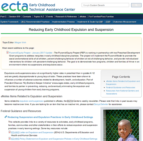 Reducing Early Childhood Expulsion and Suspension. Early Childhood Technical Assistance Center (ECTA)