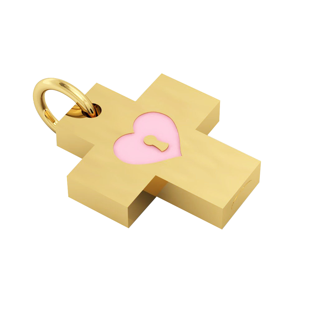 Little Cross with an internal enamel Heart Padlock, made of 925 sterling silver / 18k gold finish with pink enamel