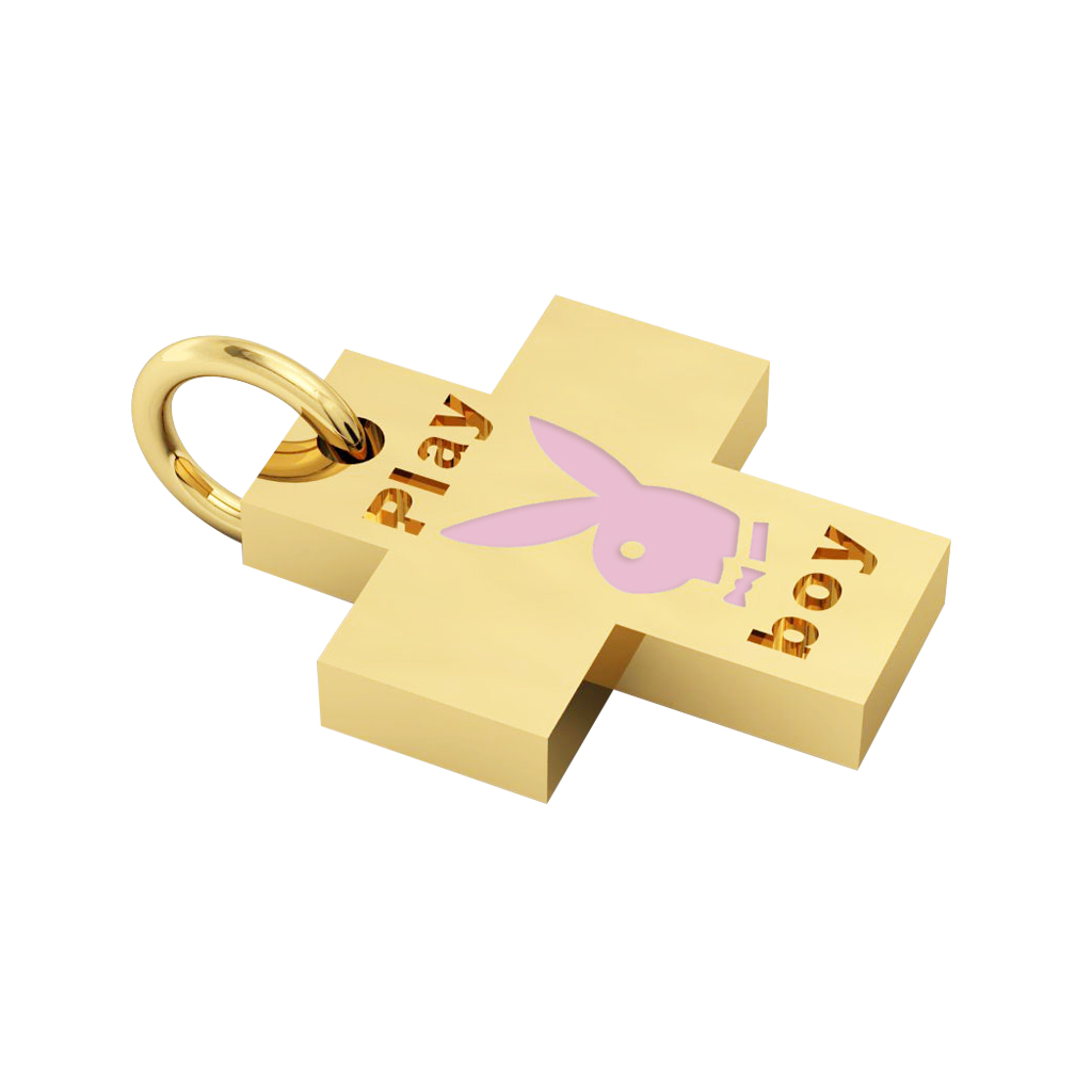 Little Cross with an internal enamel Playboy, made of 925 sterling silver / 18k gold finish with pink enamel