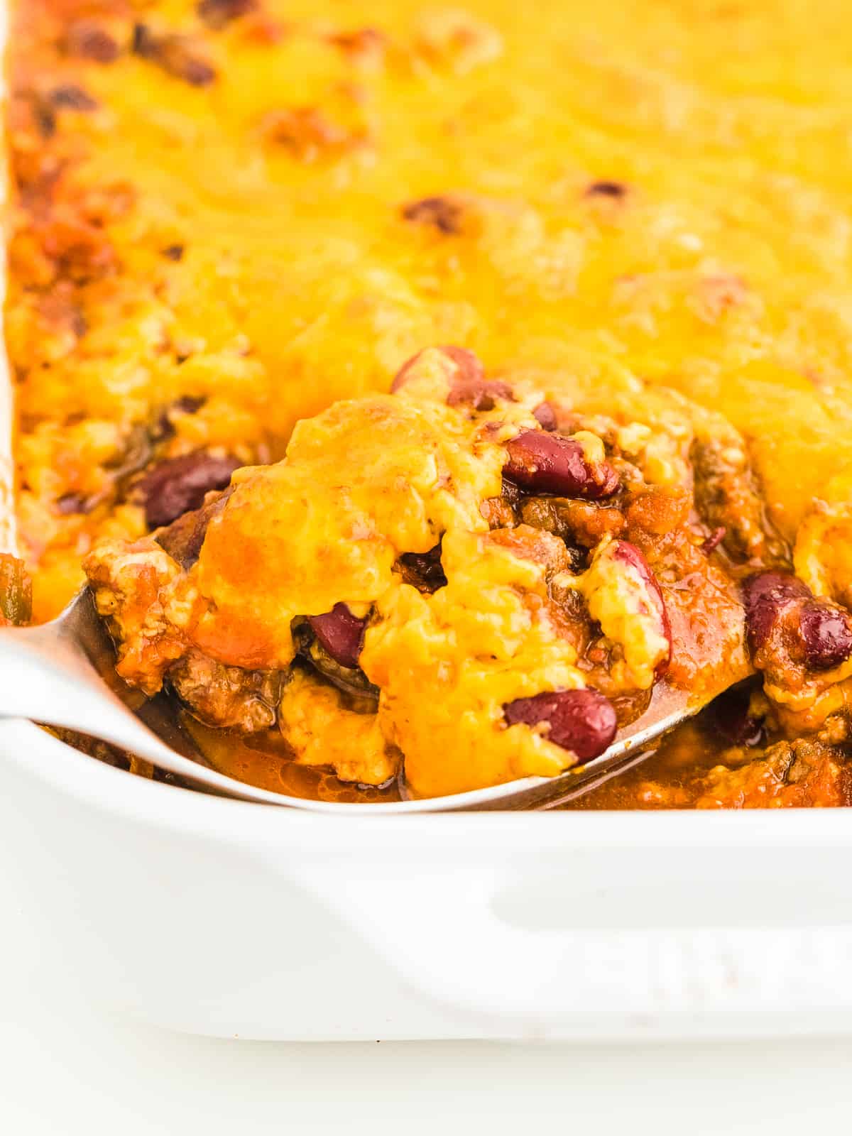 Baked Beef and Bean Casserole in a white baking dish. 