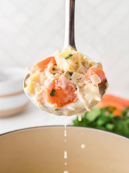 Closeup of a ladle filled with freshly cooked Chicken Tortellini Soup.