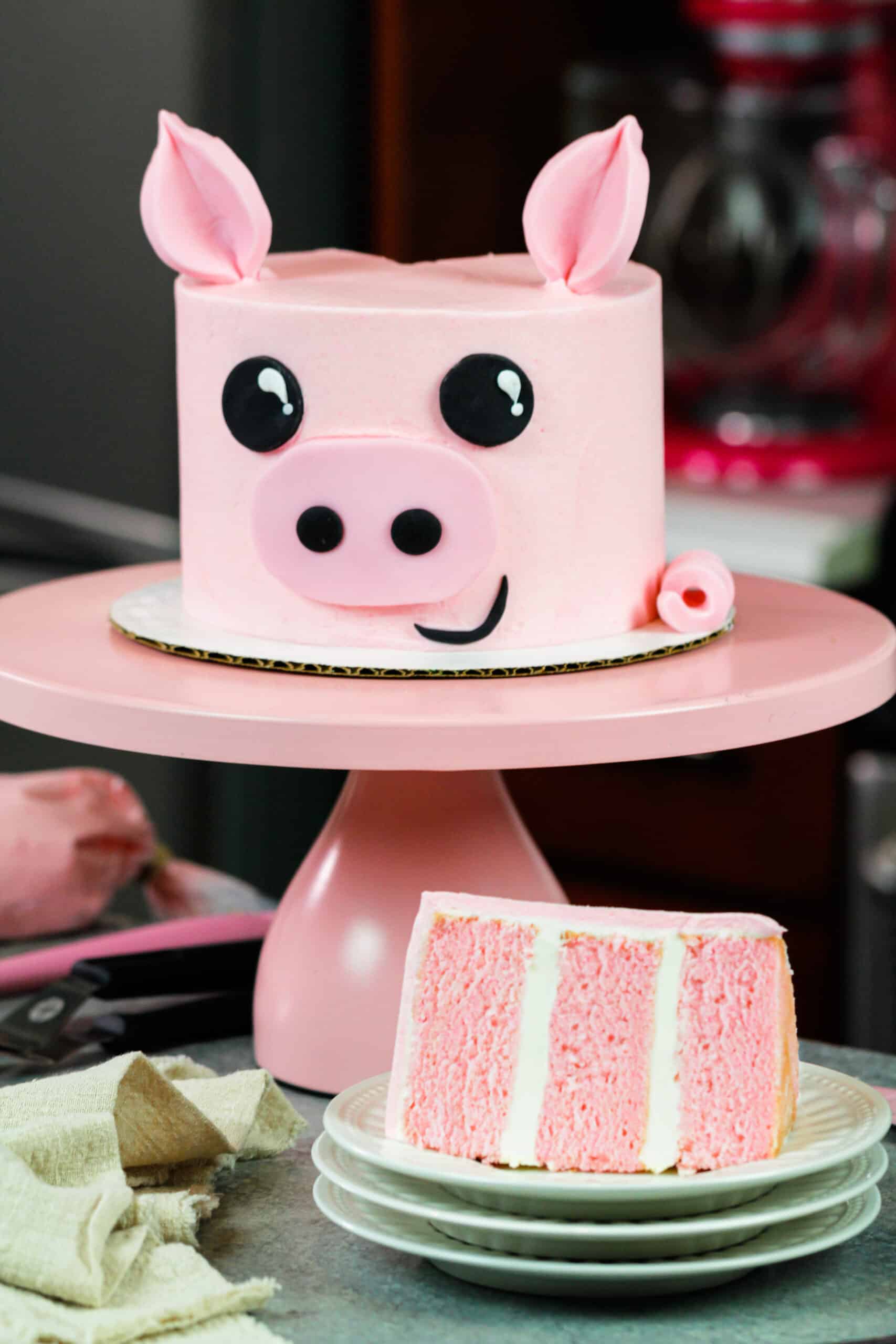 Pig Birthday Cake: Moist Pink Cake Layers w/ Buttercream Frosting