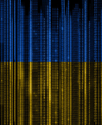 A flag of Ukraine made out of blue and yellow lines of binary code.