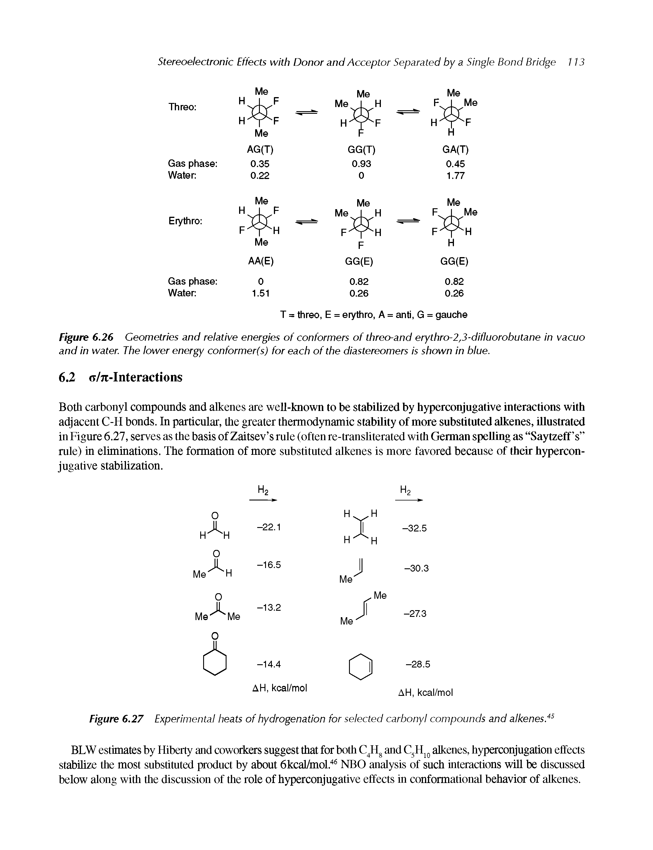 Figure 6.26 Geometries and relative energies of conformers of threo-and erythro-2,3-difluorobutane in vacuo and in water. The lower energy conformer(s) for each of the diastereomers is shown in blue.