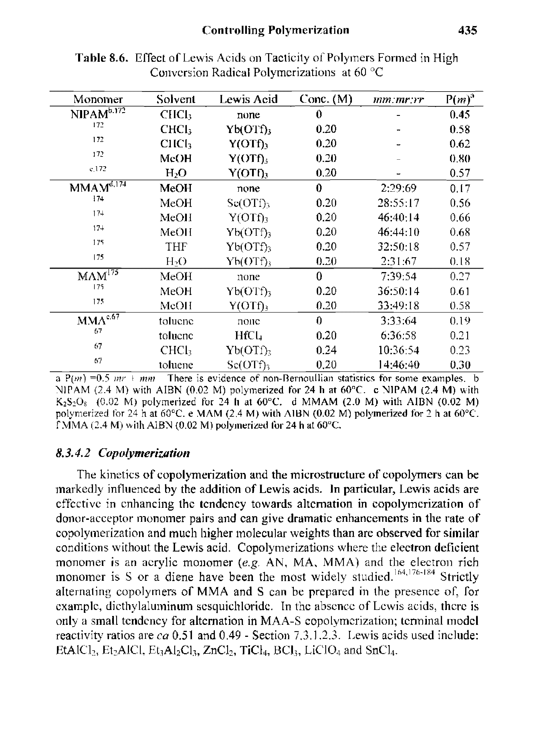 Table 8.6. Effect of Lewis Acids on Taciicity of Polymers Formed in High Conversion Radical Polymerizations at 60 °C...