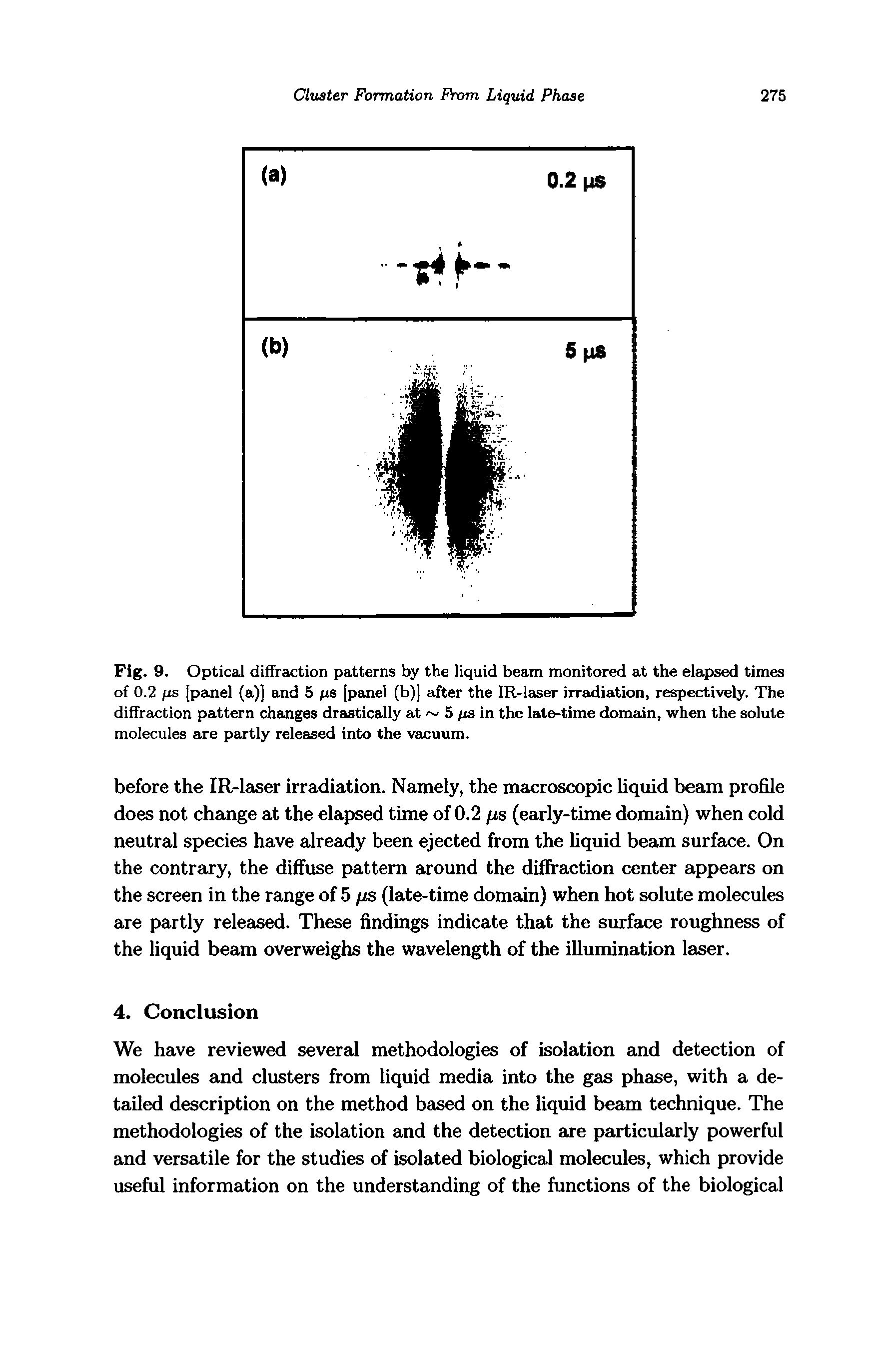 Fig. 9. Optical diffraction patterns by the liquid beam monitored at the elapsed times of 0.2 ps [panel (a)] and 5 ps [panel (b) after the IR-laser irradiation, respectively. The diffraction pattern changes drastically at 5 ps in the late-time domain, when the solute molecules are partly released into the vacuum.