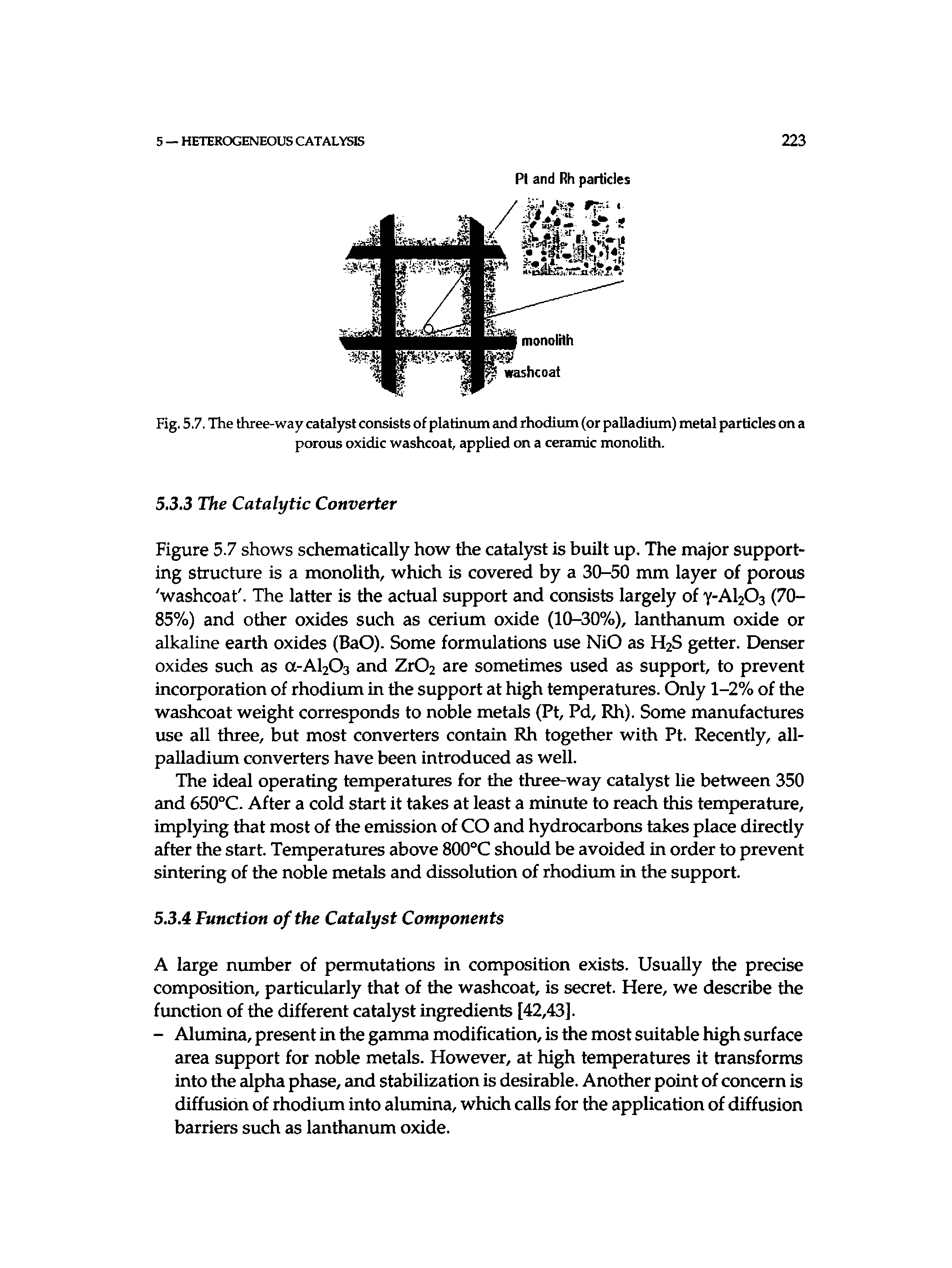 Fig. 5.7. The three-way catalyst consists of platinum and rhodium (or palladium) metal particles on a porous oxidic washcoat, applied on a ceramic monolith.