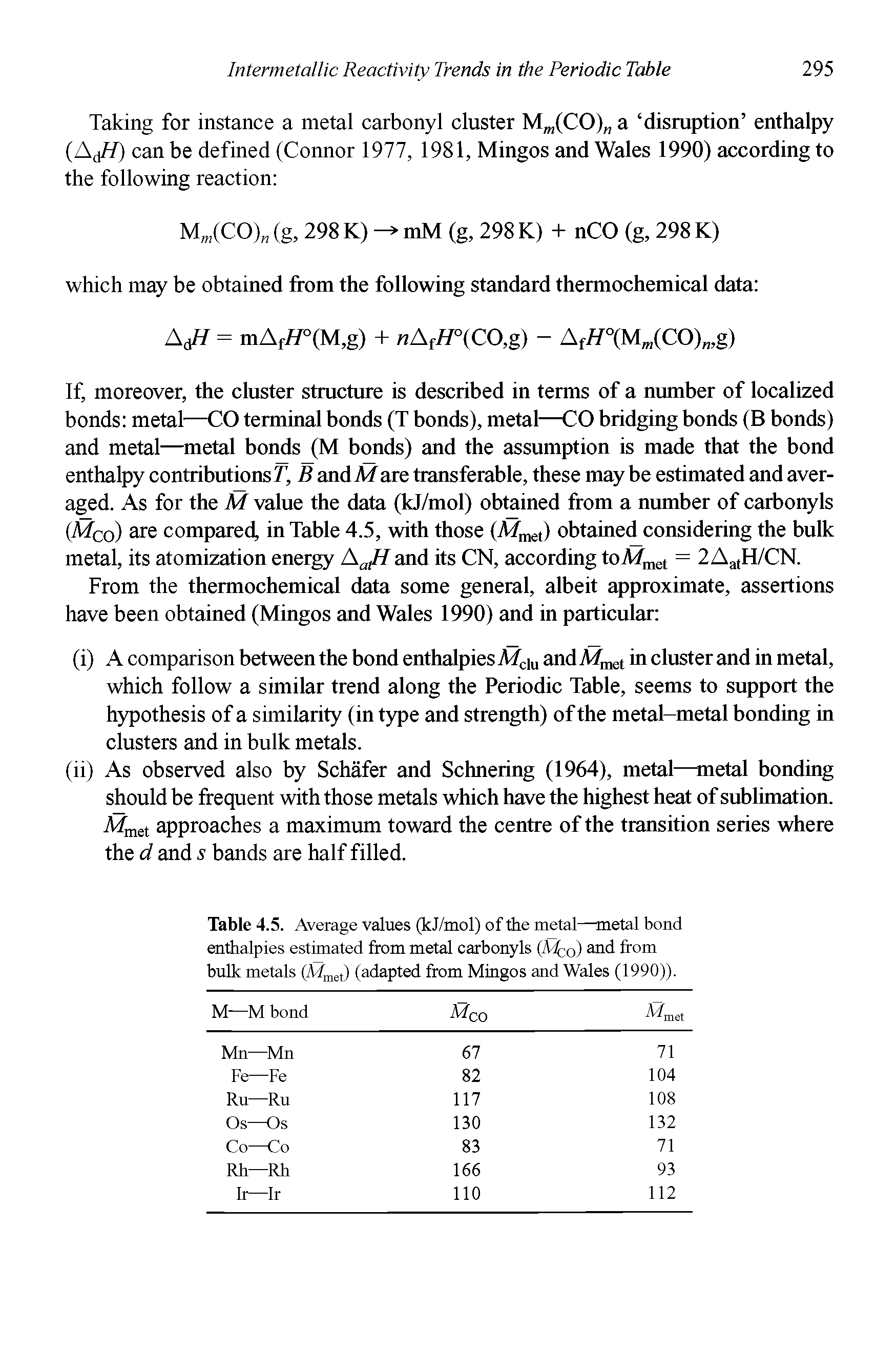 Table 4.5. Average values (kJ/mol) of the metal—metal bond enthalpies estimated from metal carbonyls (Mco) and from bulk metals (Mmet) (adapted from Mingos and Wales (1990)).