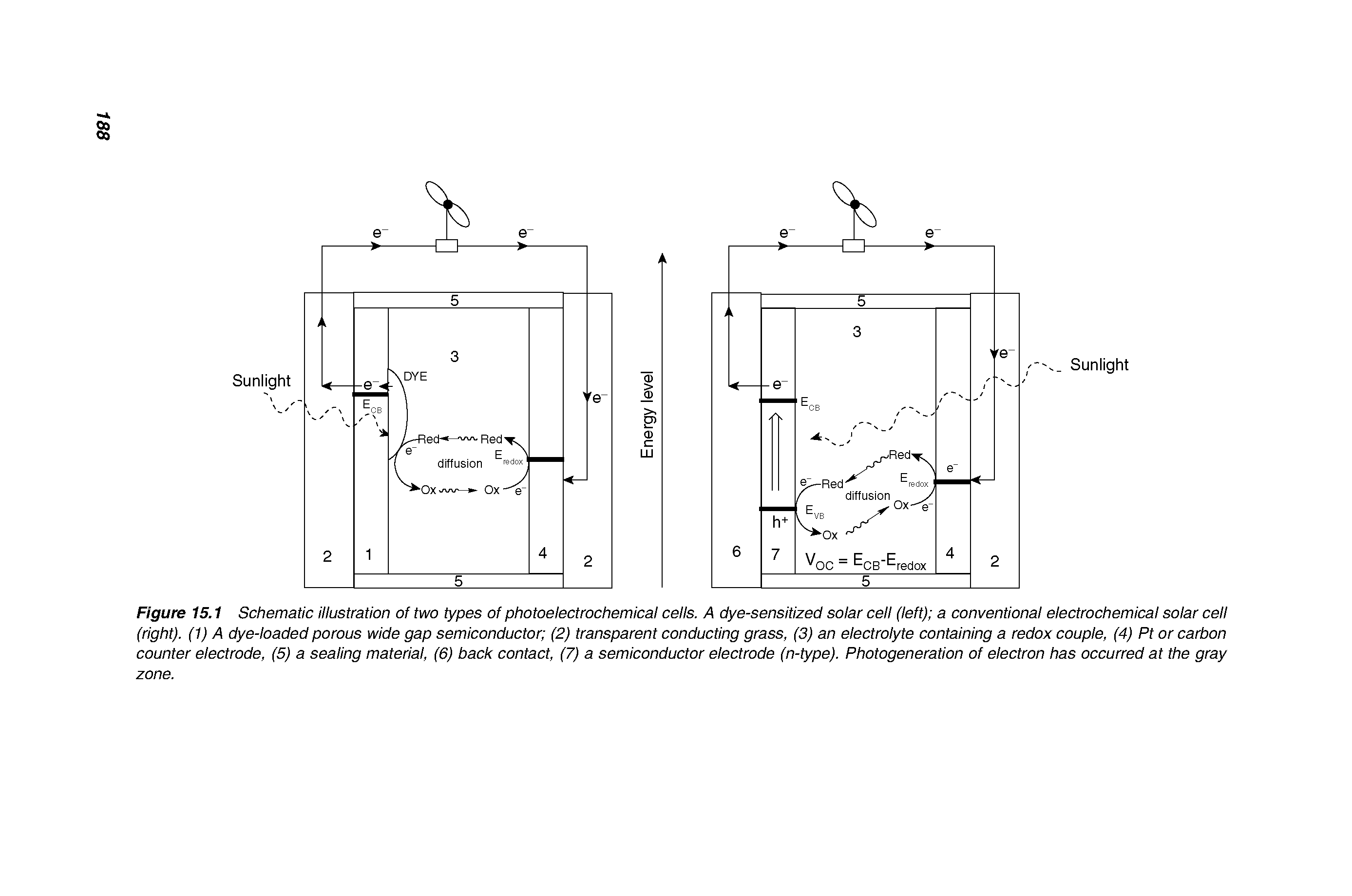 Figure 15.1 Schematic illustration of two types of photoelectrochemical cells. A dye-sensitized solar cell (left) a conventional electrochemical solar cell (right). (1) A dye-loaded porous wide gap semiconductor (2) transparent conducting grass, (3) an electrolyte containing a redox couple, (4) Pt or carbon counter electrode, (5) a sealing material, (6) back contact, (7) a semiconductor electrode (n-type). Photogeneration of electron has occurred at the gray zone.