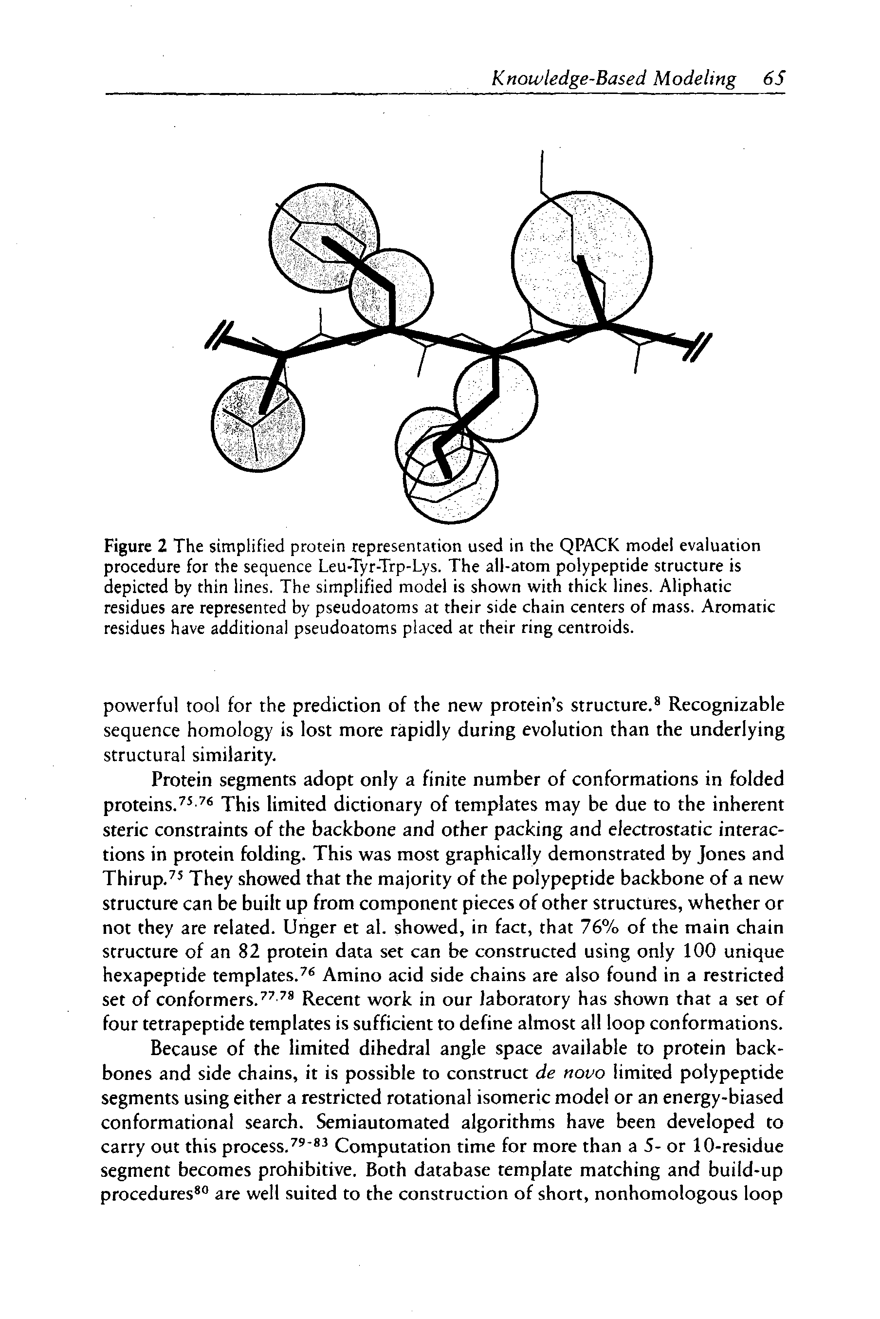 Figure 2 The simplified protein representation used in the QPACK model evaluation procedure for the sequence Leu-Tyr-Trp-Lys. The all-atom polypeptide structure is depicted by thin lines. The simplified model is shown with thick lines. Aliphatic residues are represented by pseudoatoms at their side chain centers of mass. Aromatic residues have additional pseudoatoms placed at their ring centroids.