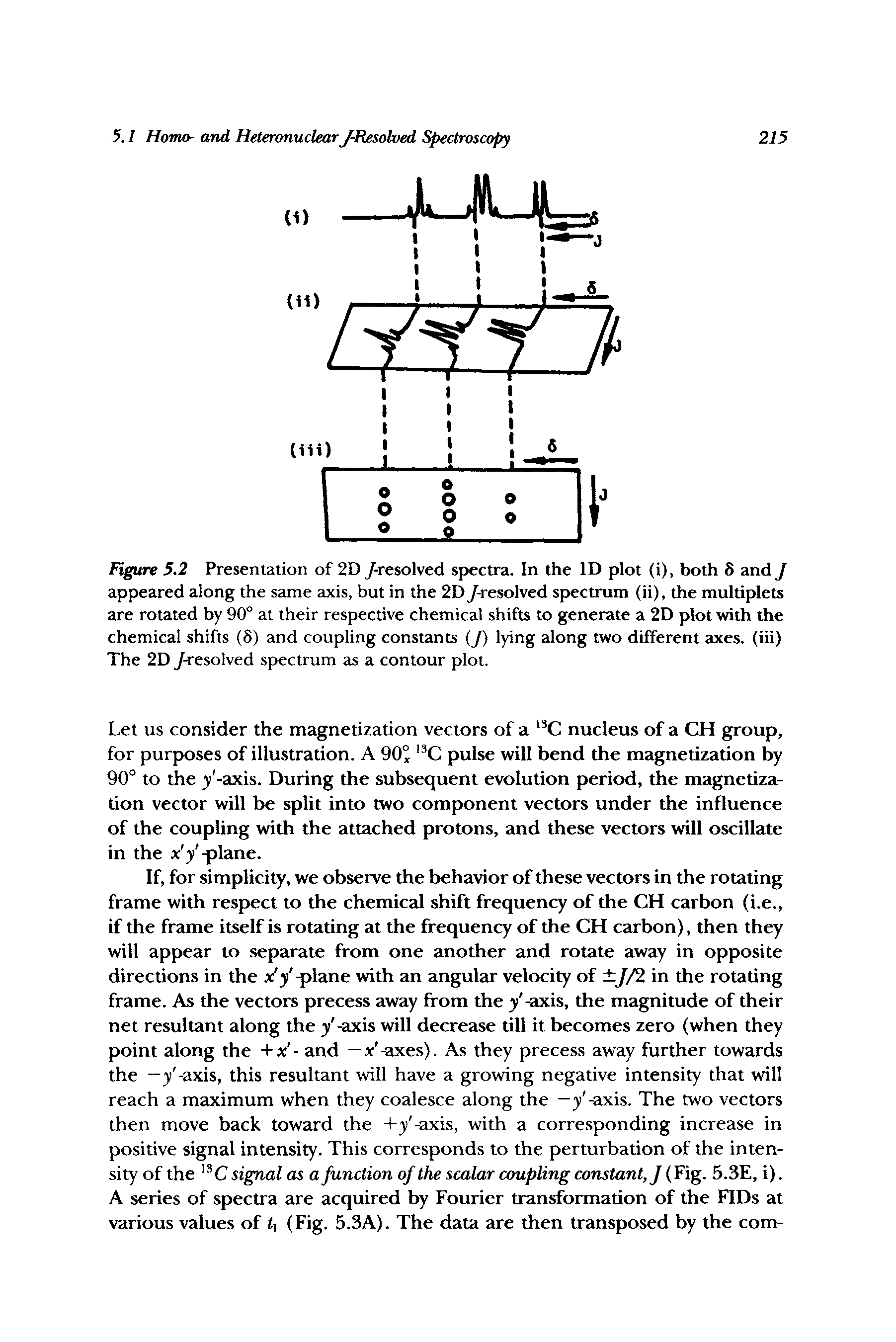 Figure 5.2 Presentation of 2D /-resolved spectra. In the ID plot (i), both 8 and / appeared along the same axis, but in the 2D /-resolved spectrum (ii), the multiplets are rotated by 90° at their respective chemical shifts to generate a 2D plot with the chemical shifts (8) and coupling constants (/) lying along two different axes, (iii) The 2D /-resolved spectrum as a contour plot.