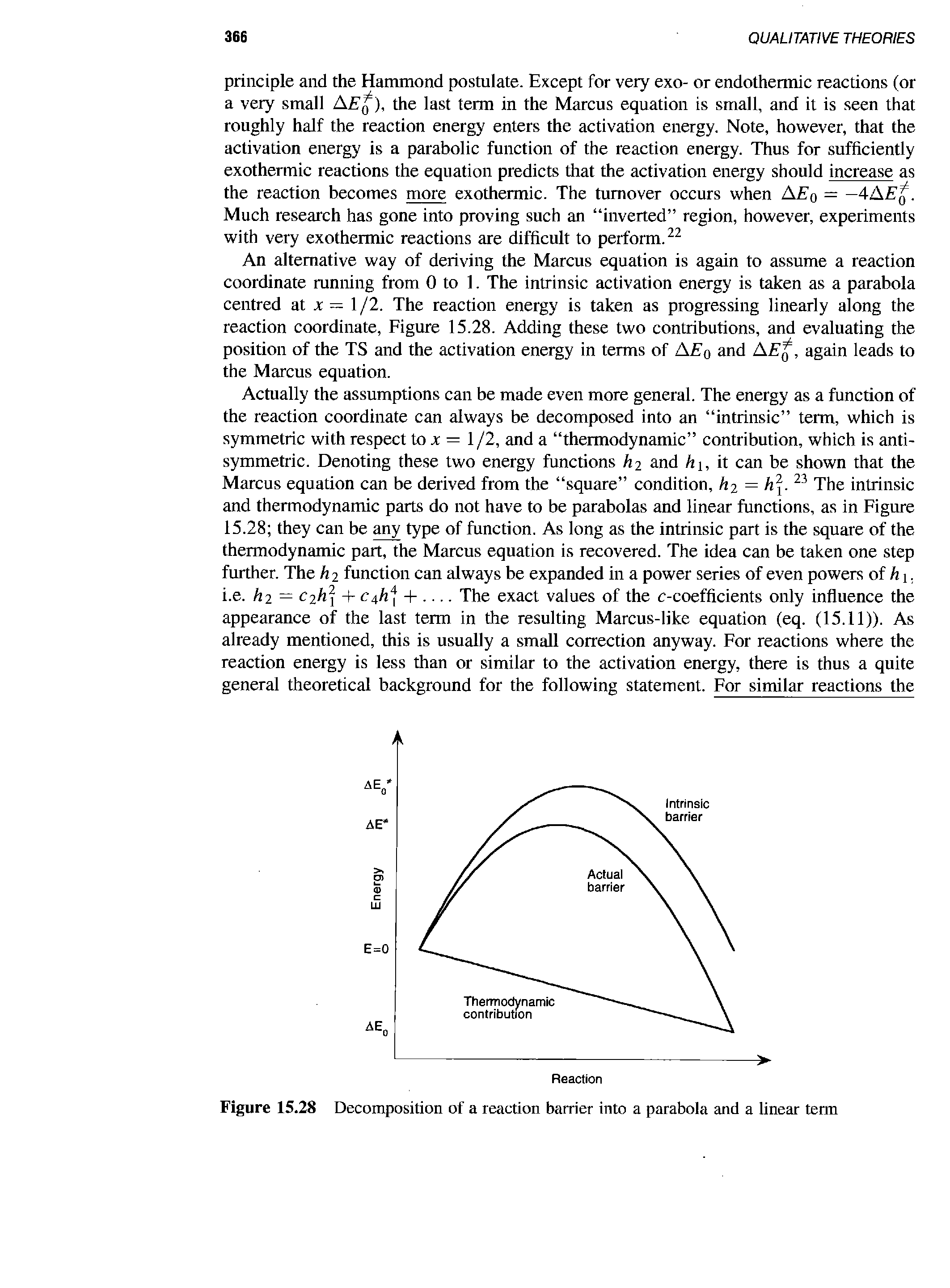 Figure 15.28 Decomposition of a reaction barrier into a parabola and a linear term...