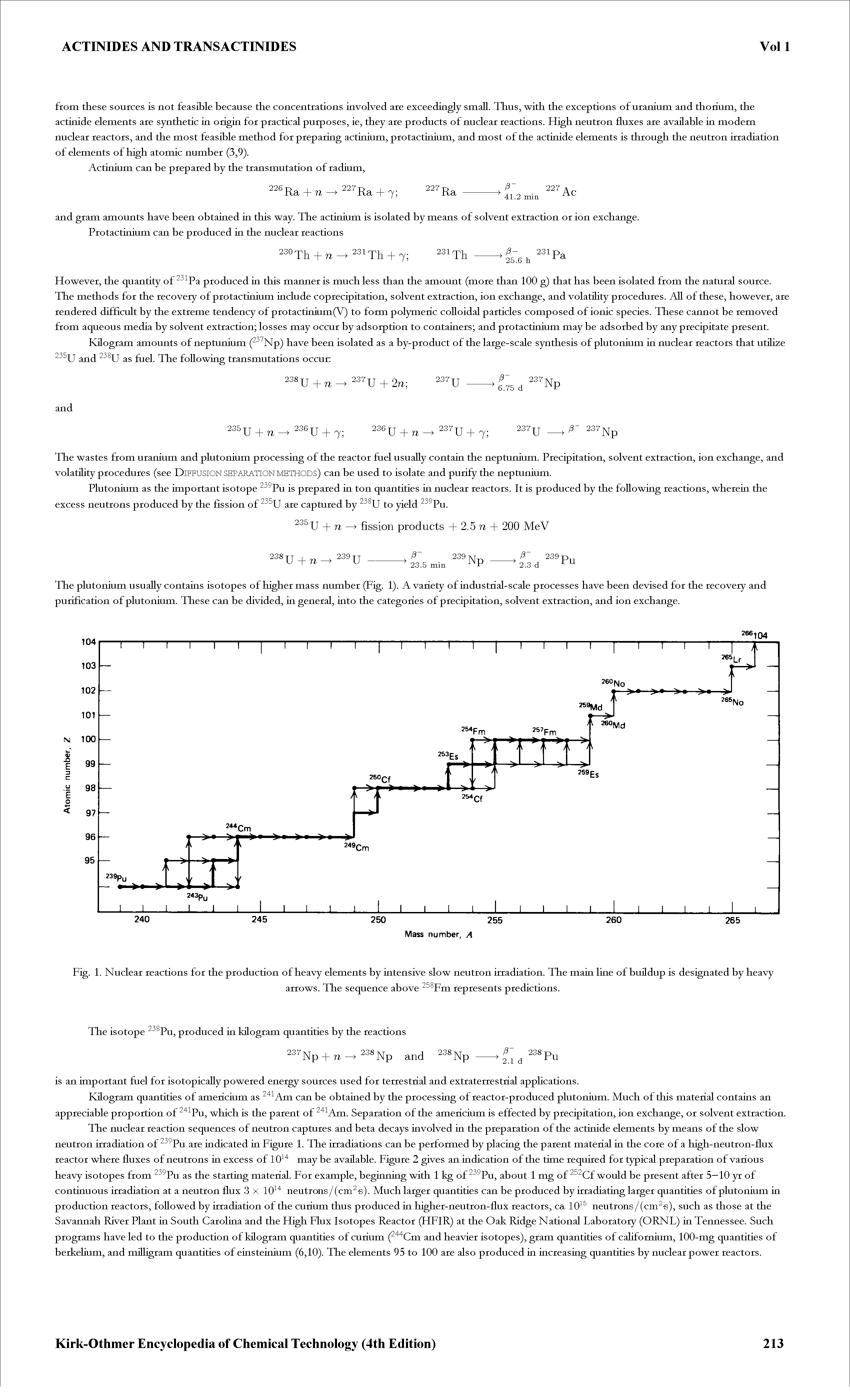 Fig. 1. Nuclear reactions for the production of heavy elements by intensive slow neutron irradiation. The main line of buildup is designated by heavy...