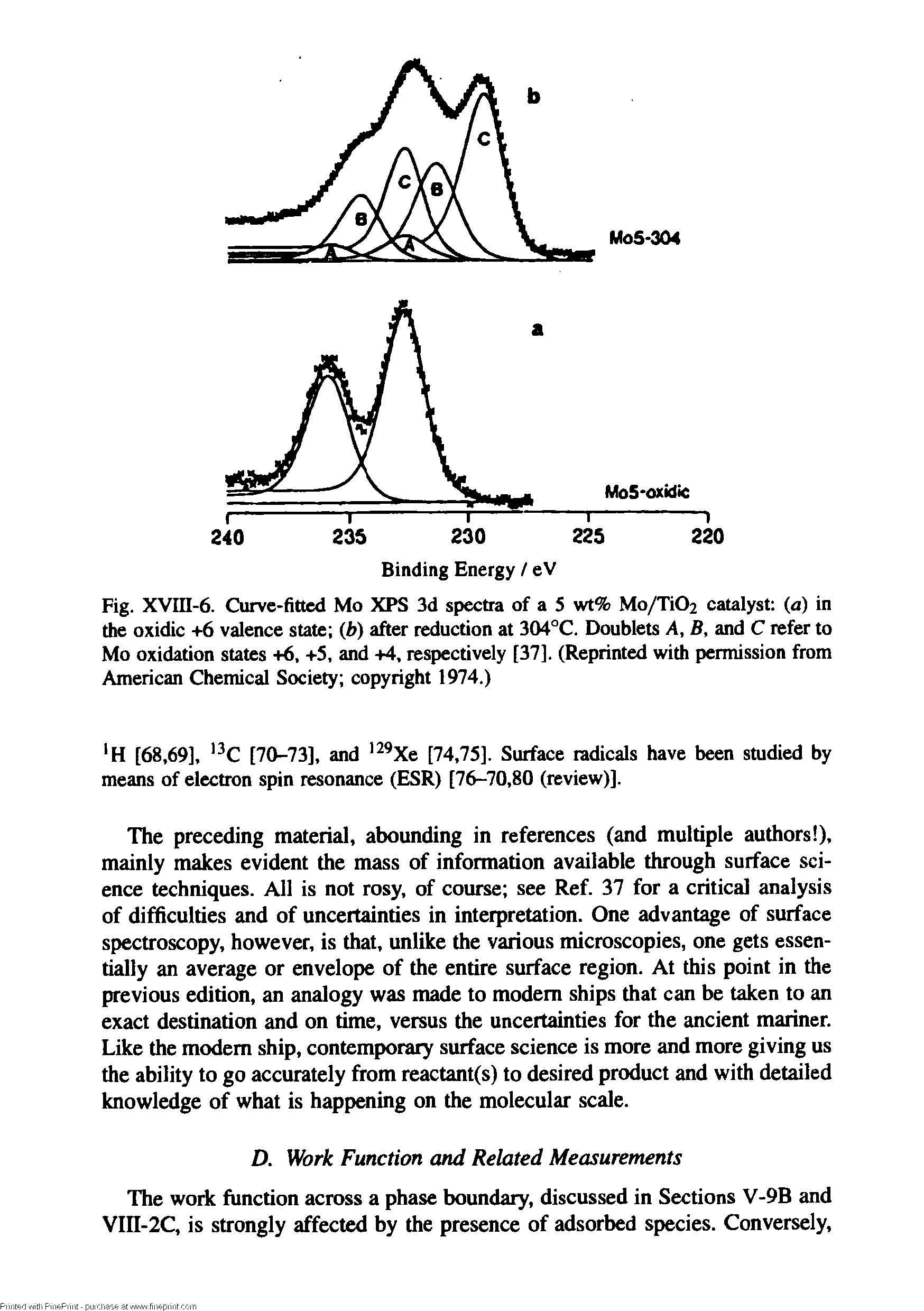 Fig. XVin-6. Curve-fitted Mo XPS 3d spectra of a 5 wt% Mo/Ti02 catalyst (a) in the oxidic +6 valence state (b) after reduction at 304°C. Doublets A, B, and C refer to Mo oxidation states +6, +5, and +4, respectively [37]. (Reprinted with permission from American Chemical Society copyright 1974.)...