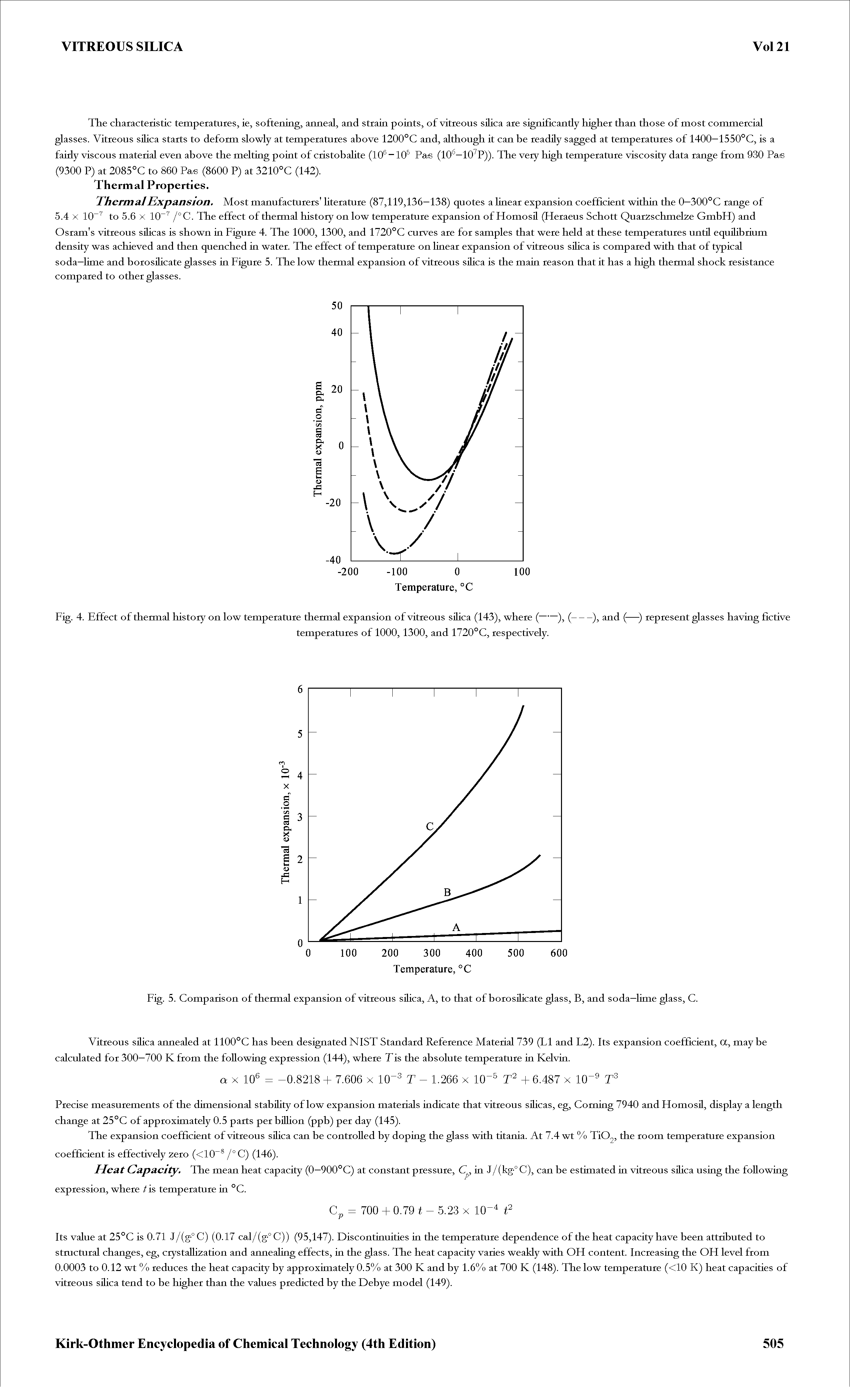 Fig. 4. Effect of thermal history on low temperature thermal expansion of vitreous siUca (143), where (-), (---), and (—) represent glasses having ftctive...