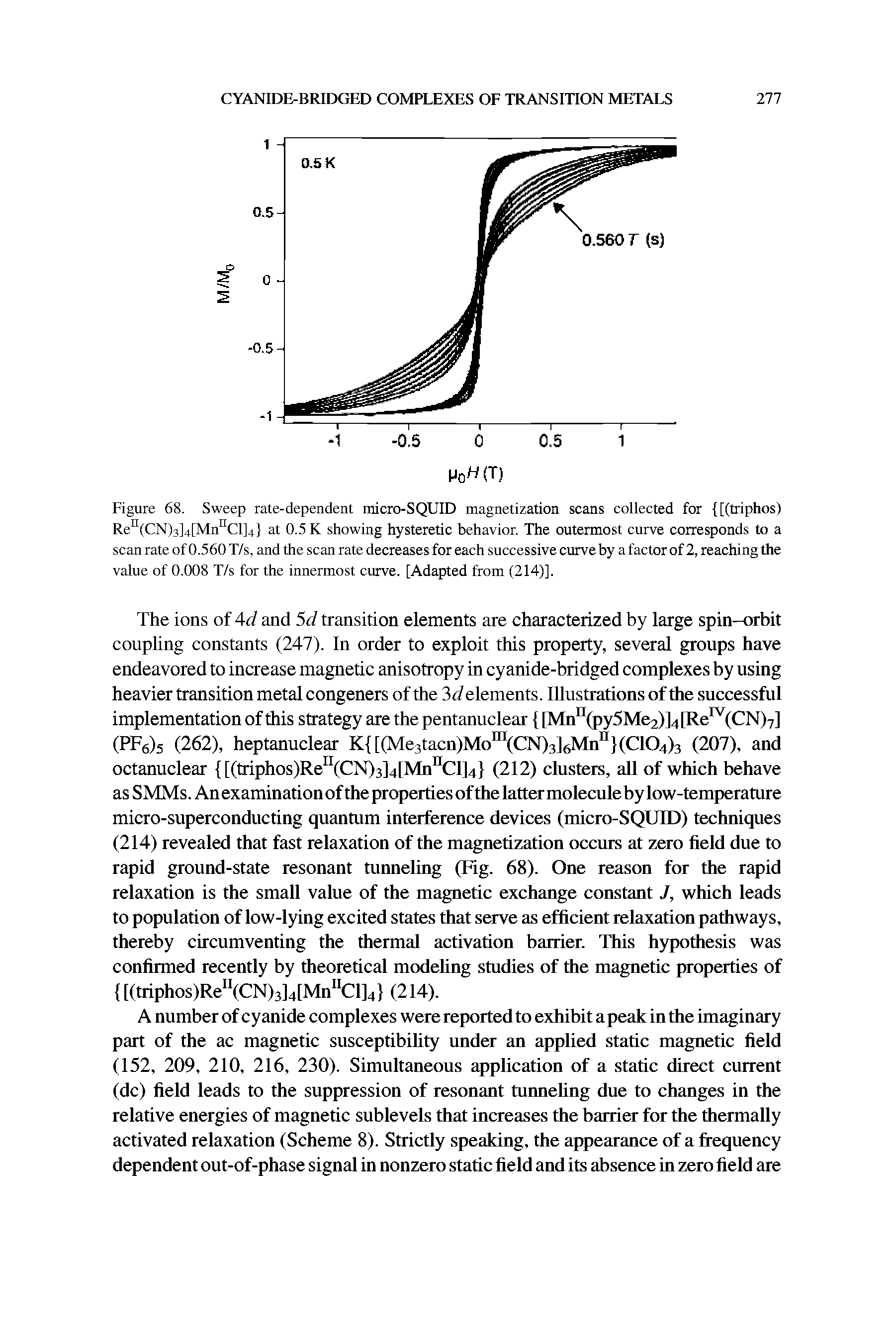 Figure 68. Sweep rate-dependent micro-SQUID magnetization scans collected for [(triphos) Re (CN)3]4[Mn Cl]4 at 0.5 K showing hysteretic behavior. The outermost curve corresponds to a scan rate of0.560 T/s, and the scan rate decreases for each successive curve by a factor of 2, reaching the value of 0.008 T/s for the innermost curve. [Adapted from (214)].