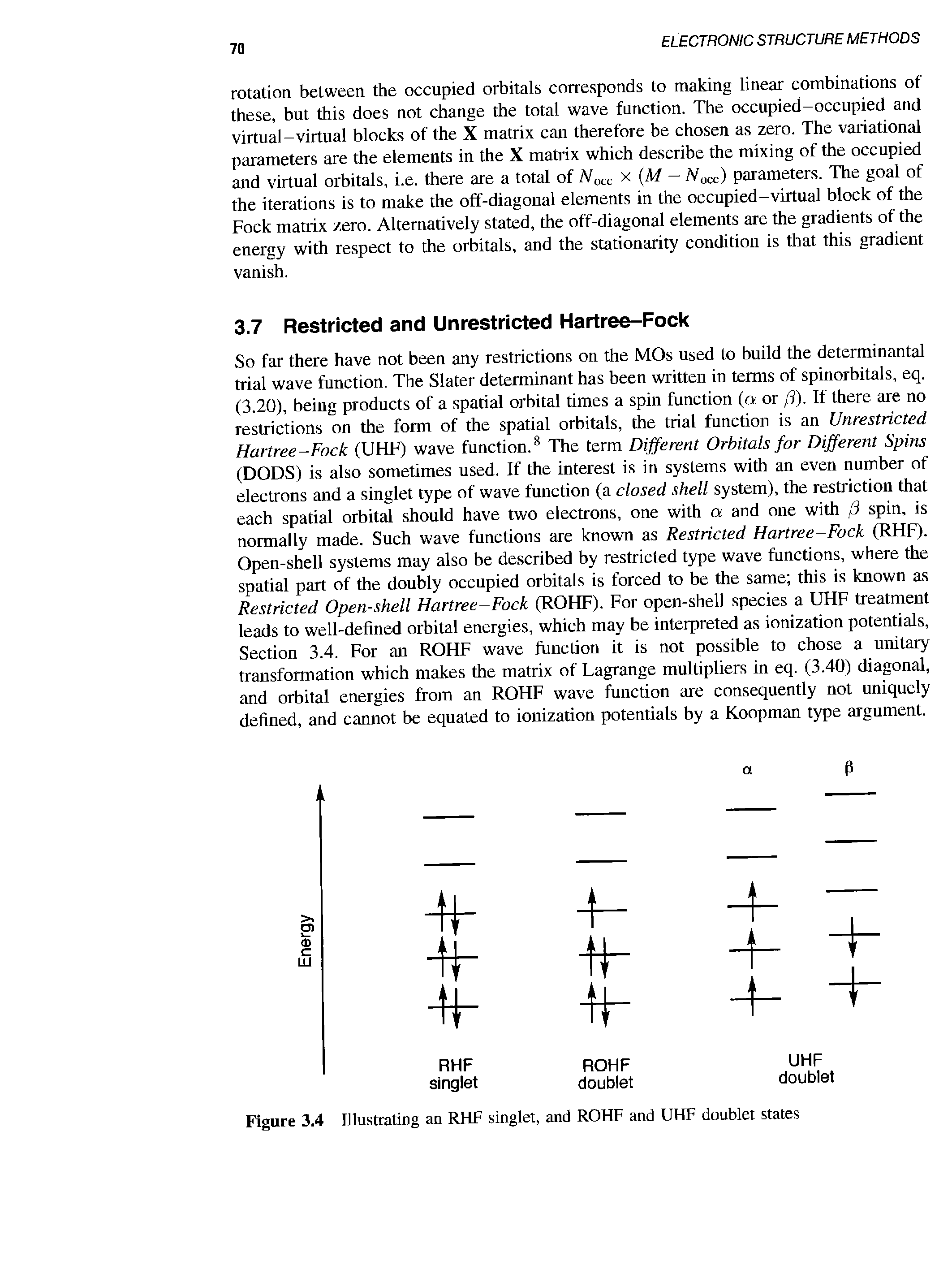 Figure 3.4 Illustrating an RHF singlet, and ROHF and UHF doublet states...