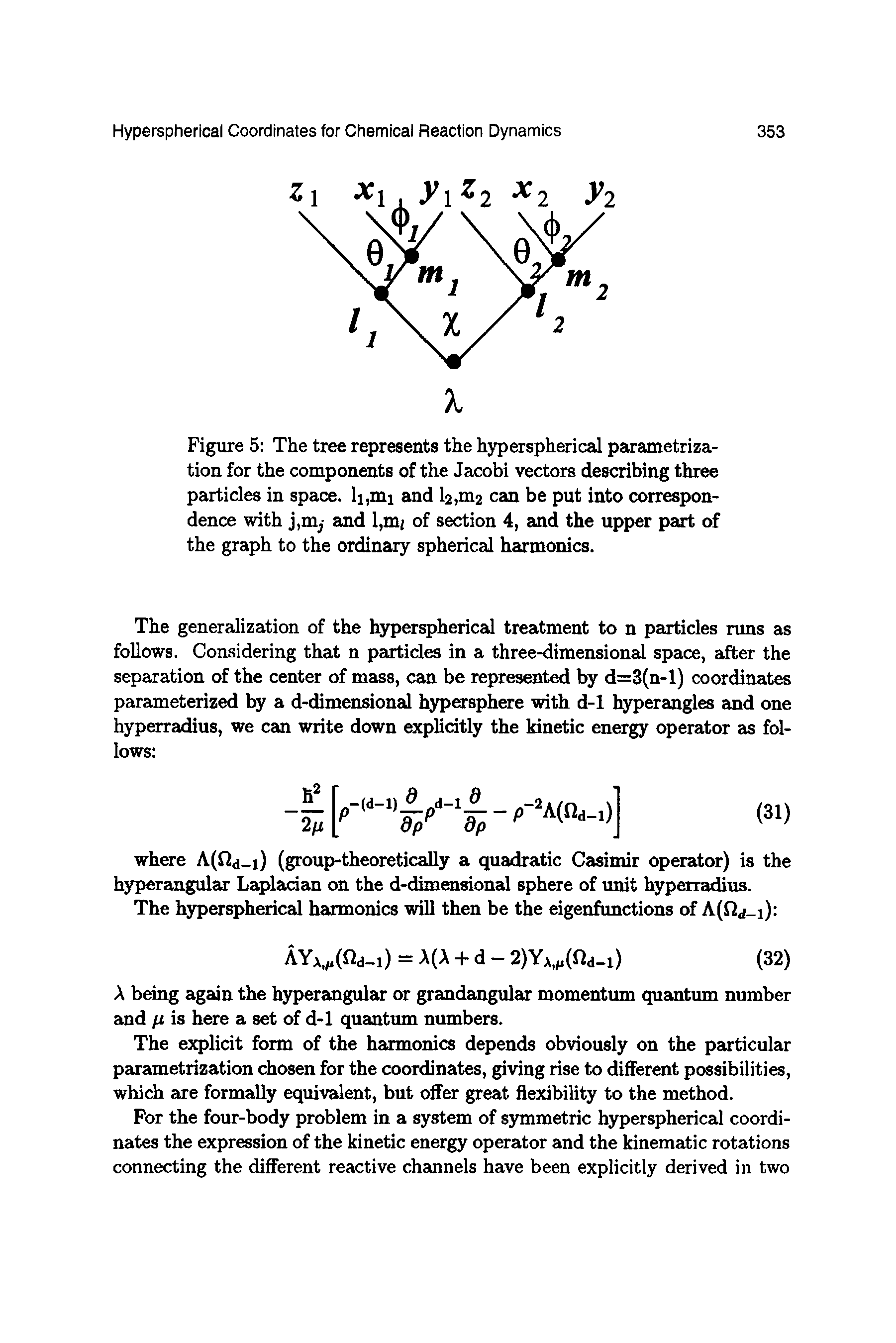 Figure 5 The tree represents the hyperspherical parametrization for the components of the Jacobi vectors describing three particles in space. li,mi eind l2,m2 can be put into correspondence with j,my and l,mi of section 4, and the upper part of the graph to the ordinary spherical harmonics. ...