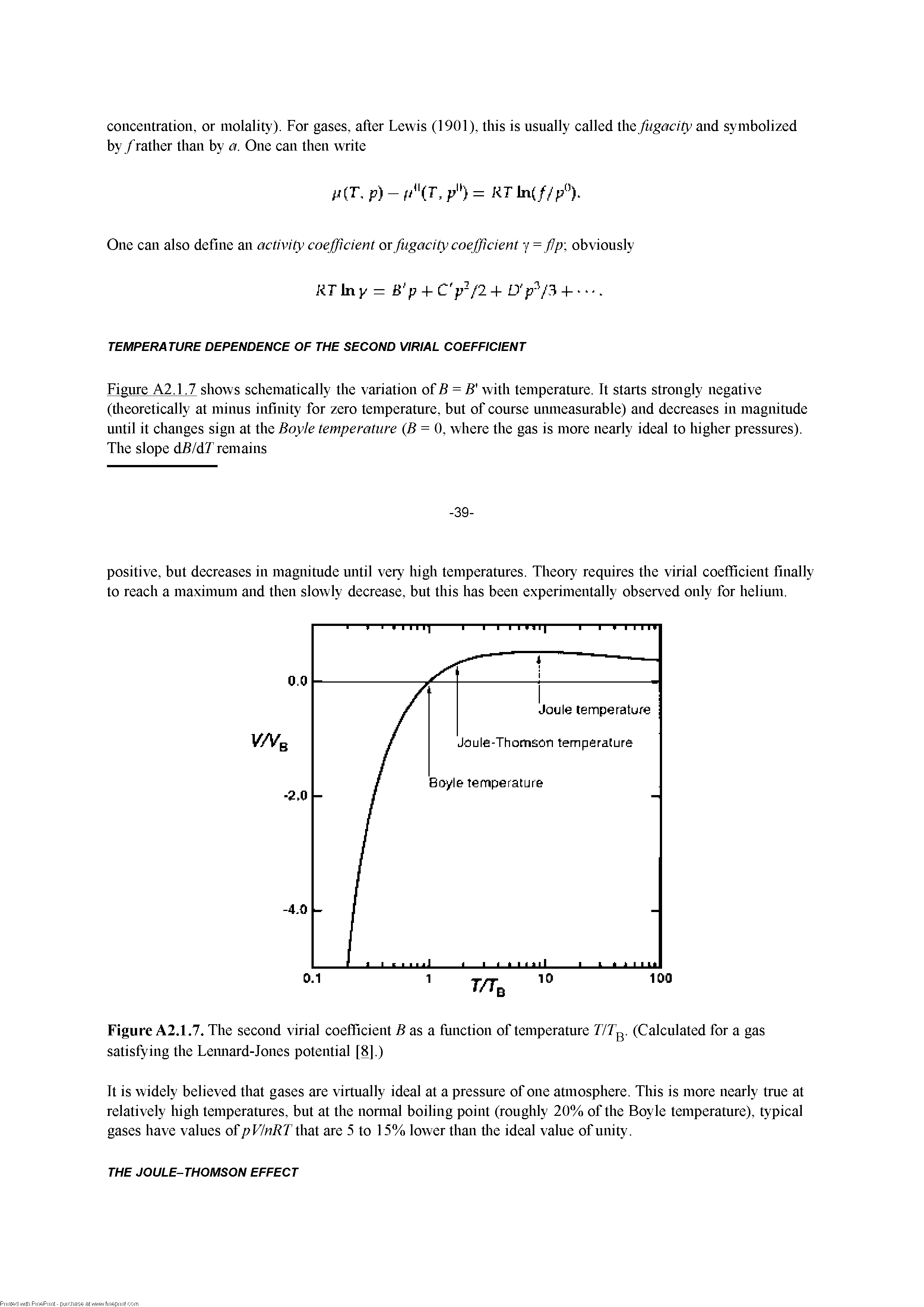 Figure A2.1.7. The second virial coefficient 5 as a fiinction of temperature T/T. (Calculated for a gas satisfying the Leimard-Jones potential [8].)...