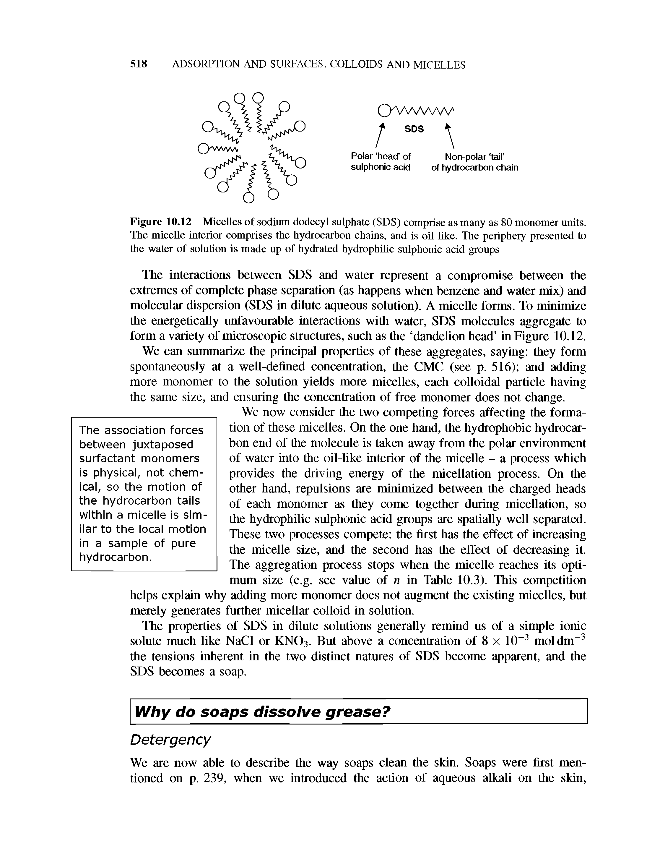 Figure 10.12 Micelles of sodium dodecyl sulphate (SDS) comprise as many as 80 monomer units. The micelle interior comprises the hydrocarbon chains, and is oil like. The periphery presented to the water of solution is made up of hydrated hydrophilic sulphonic acid groups...