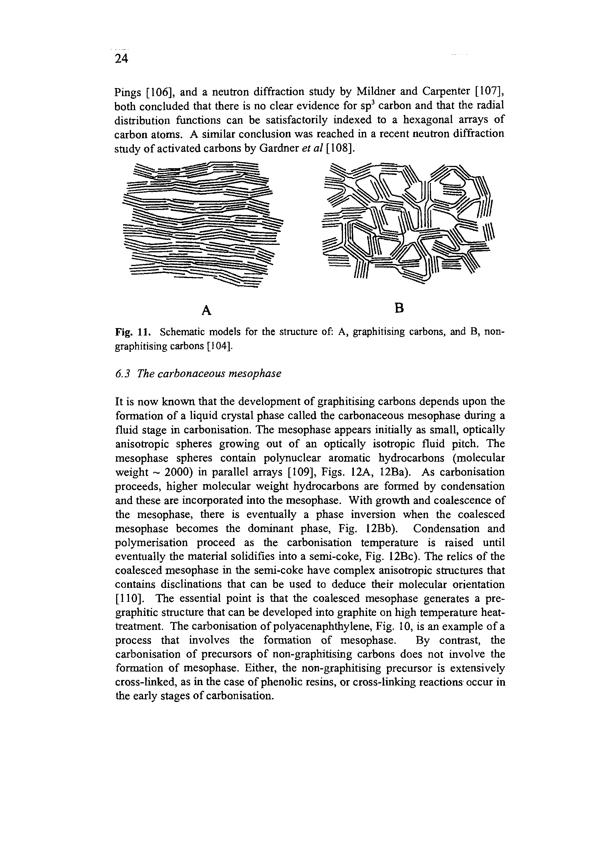 Fig. 11. Schematic models for the structure of A, graphitising carbons, and B, non-graphitising carbons [104].