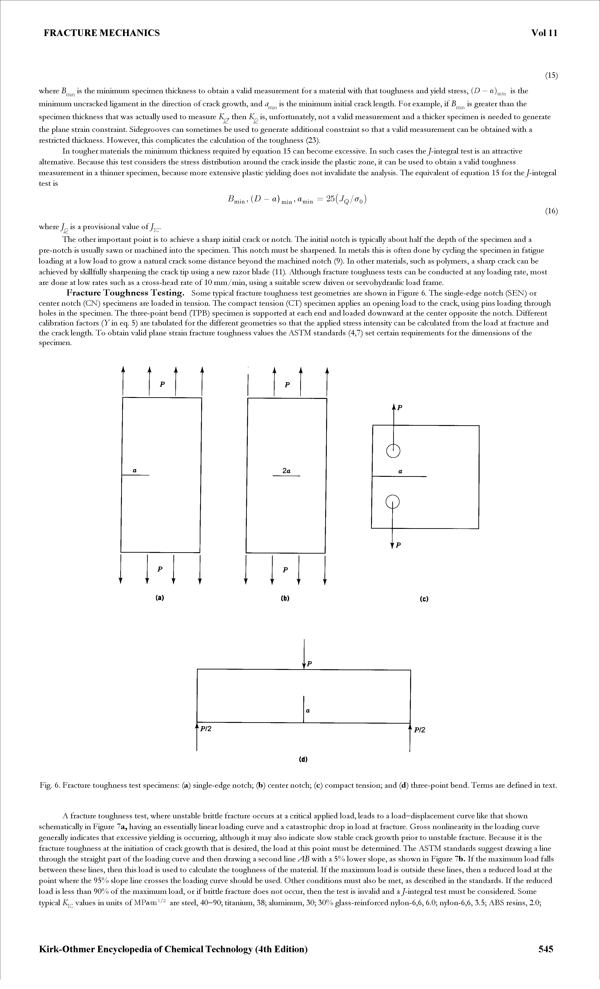 Fig. 6. Fracture toughness test specimens (a) single-edge notch (b) center notch (c) compact tension and (d) three-point bend. Terms are defined in text.