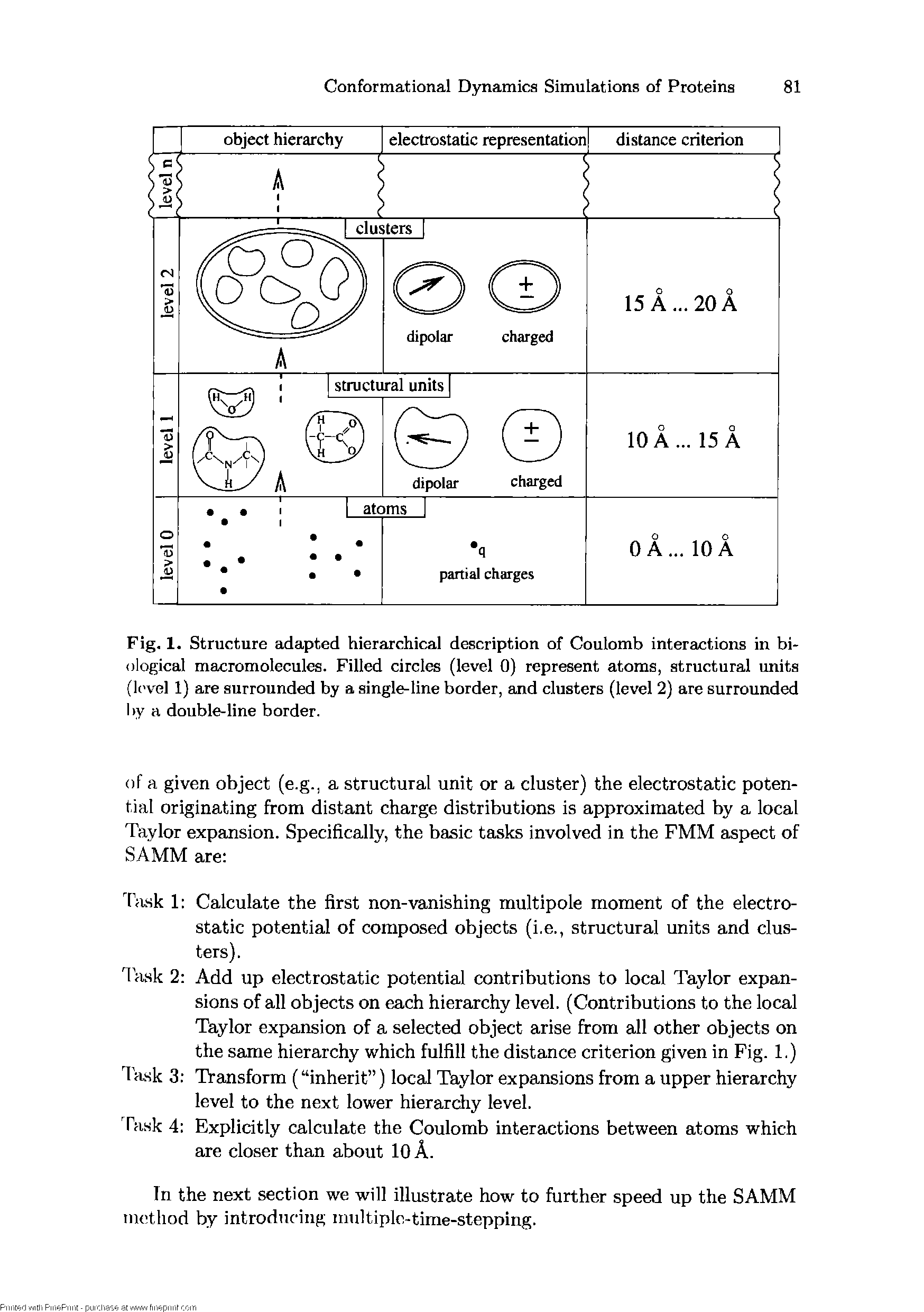 Fig. 1. Structure adapted hierarchical description of Coulomb interactions in biological macromolecules. Filled circles (level 0) represent atoms, structural units (li vel 1) are surrounded by a single-line border, and clusters (level 2) are surrounded by a double-line border.