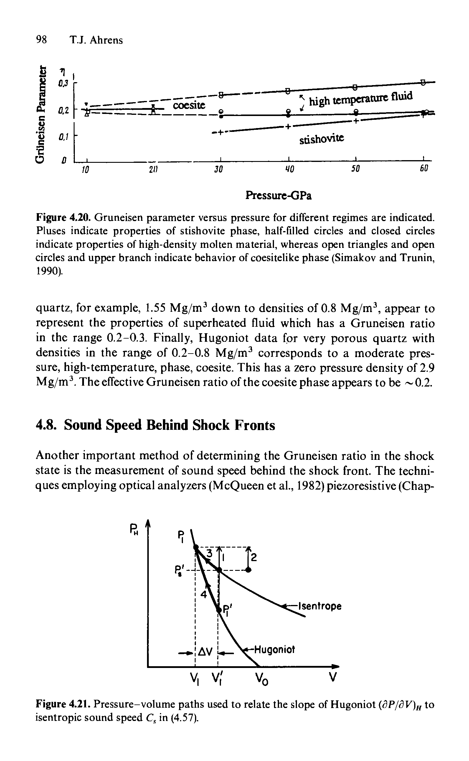 Figure 4.20. Gruneisen parameter versus pressure for different regimes are indicated. Pluses indicate properties of stishovite phase, half-filled circles and closed circles indicate properties of high-density molten material, whereas open triangles and open circles and upper branch indicate behavior of coesitelike phase (Simakov and Trunin, 1990).