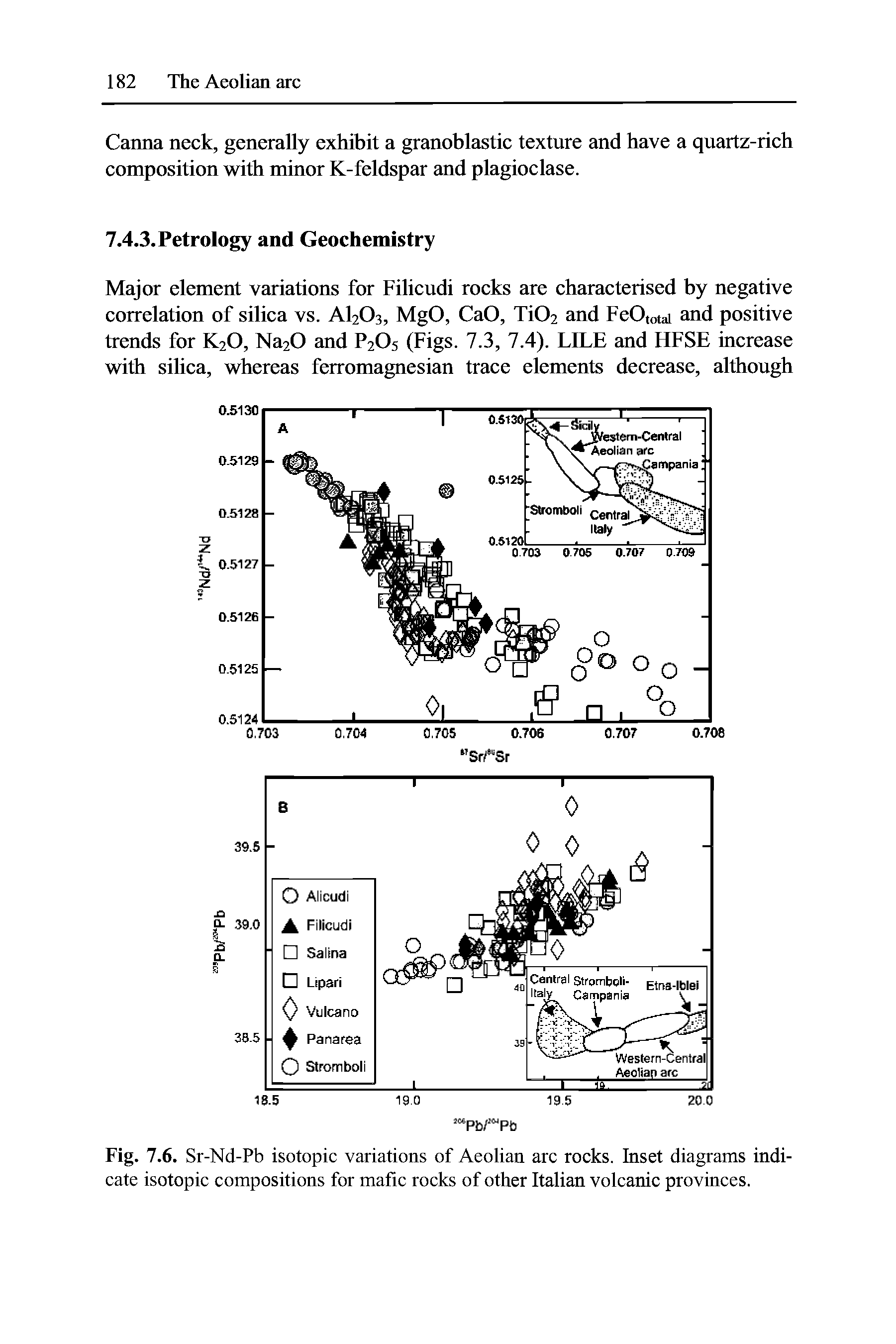 Fig. 7.6. Sr-Nd-Pb isotopic variations of Aeolian arc rocks. Inset diagrams indicate isotopic compositions for mafic rocks of other Italian volcanic provinces.