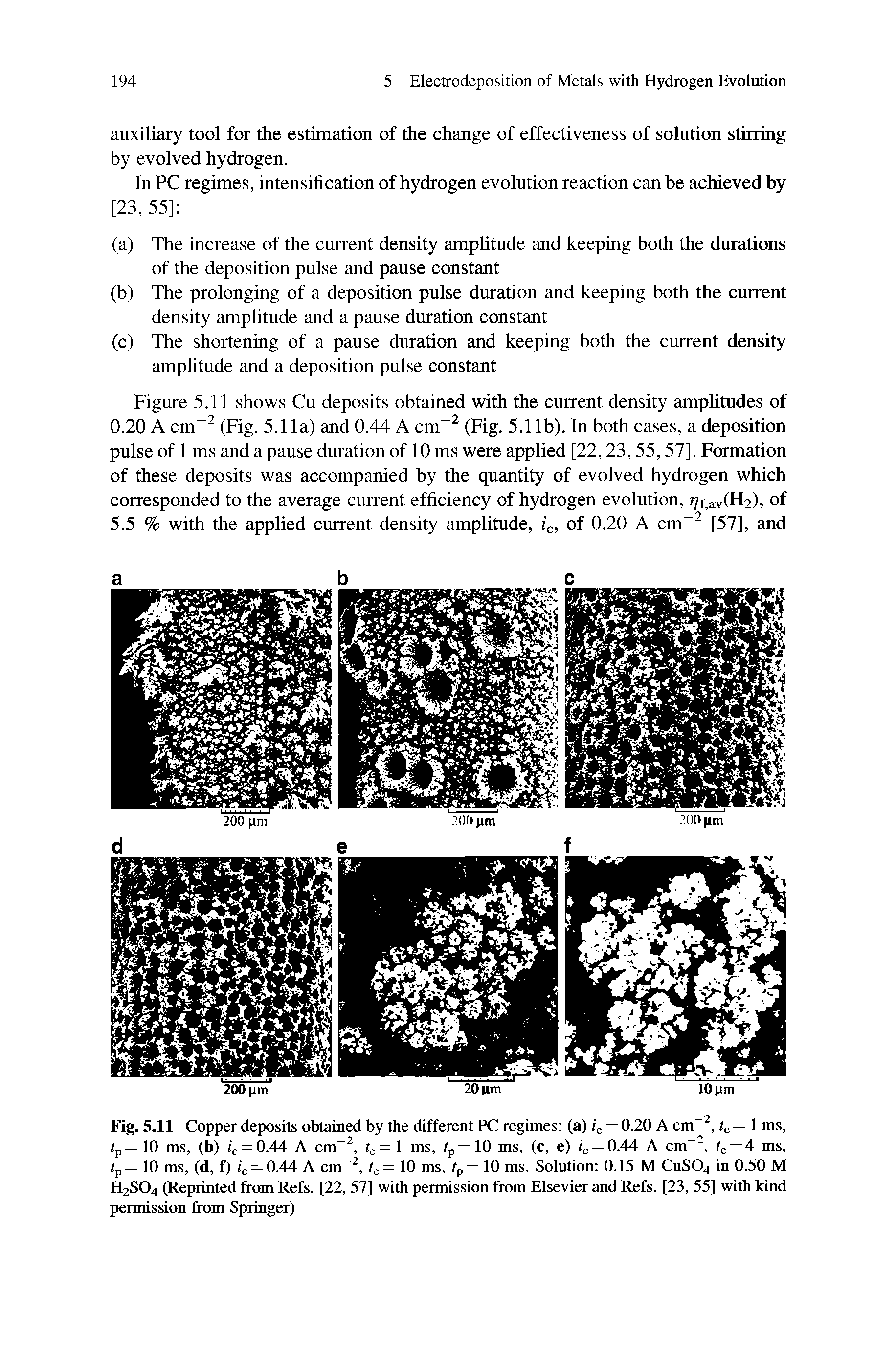 Figure 5.11 shows Cu deposits obtained with the current density amplitudes of 0.20 A cm (Fig. 5.11a) and 0.44 A cm (Fig. 5.11b). In both cases, a deposition pulse of 1 ms and a pause duration of 10 ms were applied [22,23,55,57]. Formation of these deposits was accompanied by the quantity of evolved hydrogen which corresponded to the average current efficiency of hydrogen evolution, /i,av(H2), of 5.5 % with the applied current density amplitude, ic, of 0.20 A cm [57], and...