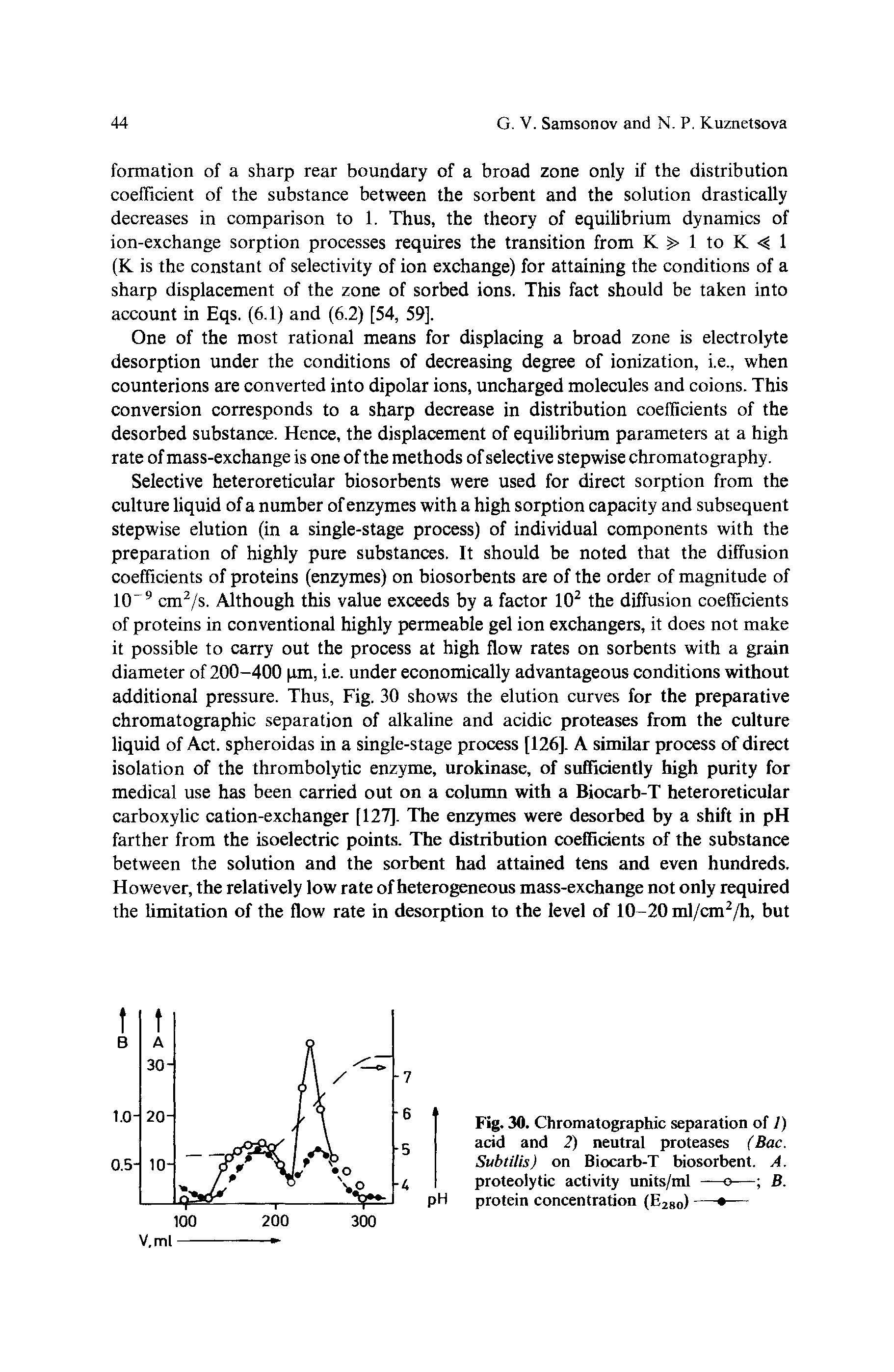 Fig. 30. Chromatographic separation of 1) acid and 2) neutral proteases (Bac. Subtilis) on Biocarb-T biosorbent. A. proteolytic activity units/ml —o— B. protein concentration (E28o) — —...