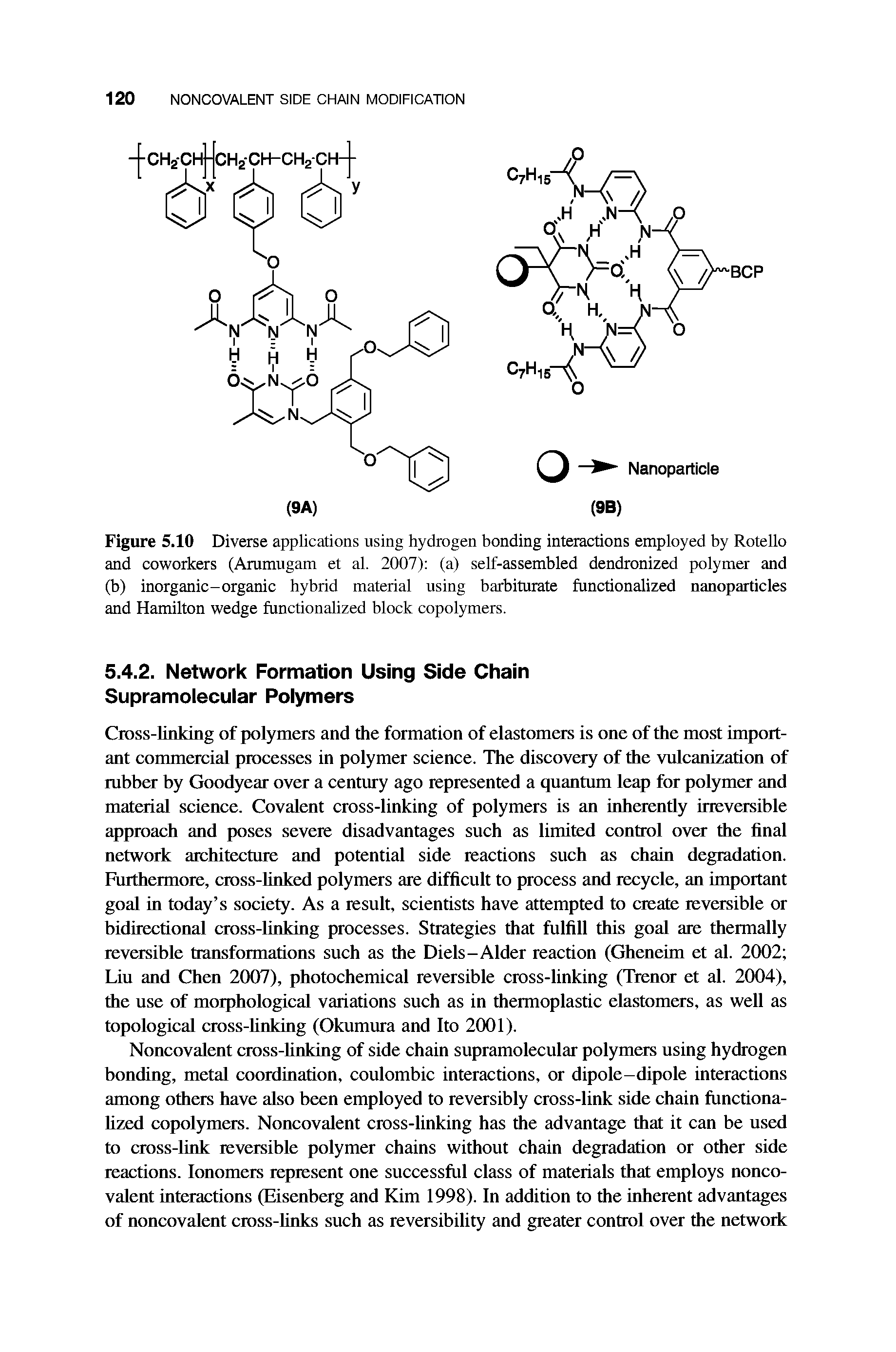 Figure 5.10 Diverse applications using hydrogen bonding interactions employed by Rotello and coworkers (Arumugam et al. 2007) (a) self-assembled dendronized polymer and (b) inorganic-organic hybrid material using barbiturate functionalized nanoparticles and Hamilton wedge functionalized block copolymers.