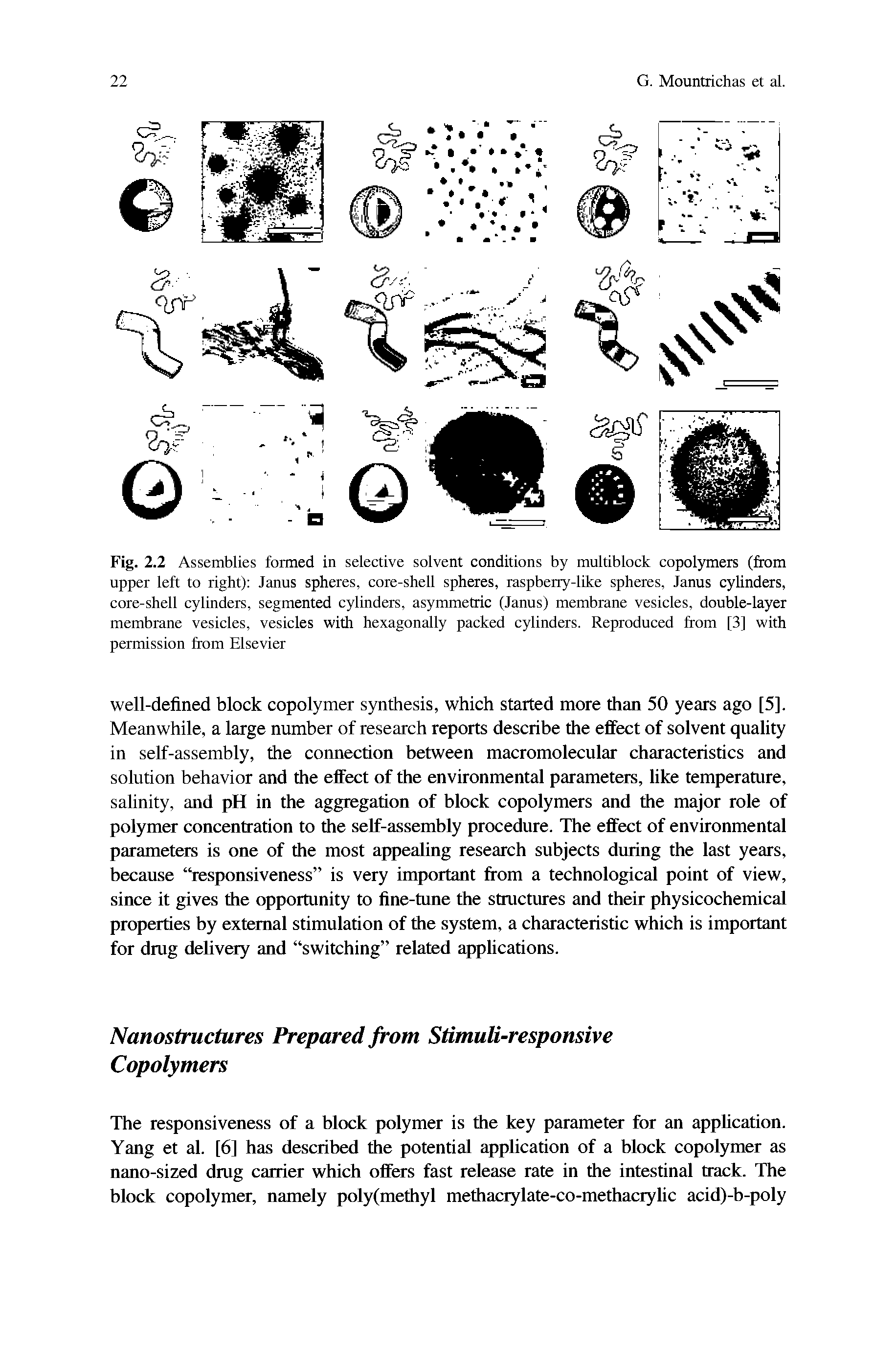 Fig. 2.2 Assemblies fonned in selective solvent conditions by multiblock copol3nners (from upper left to right) Janus spheres, core-shell spheres, raspberry-like spheres, Janus cylinders, core-shell cylinders, segmented cylinders, asymmetric (Janus) membrane vesicles, double-layer membrane vesicles, vesicles with hexagonally packed cylinders. Reproduced from [3] with permission from Elsevier...