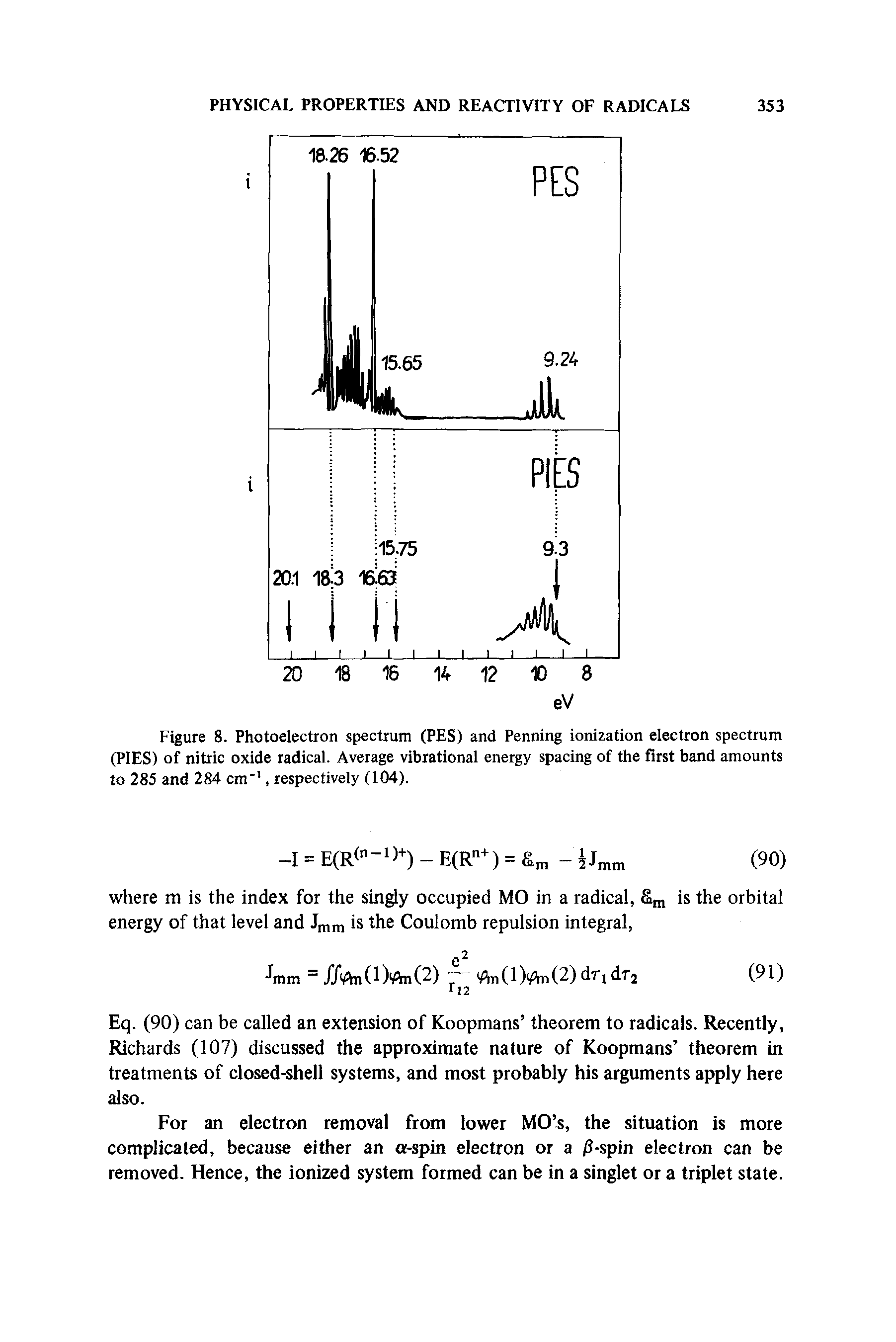 Figure 8. Photoelectron spectrum (PES) and Penning ionization electron spectrum (PIES) of nitric oxide radical. Average vibrational energy spacing of the first band amounts to 285 and 284 cm", respectively (104).