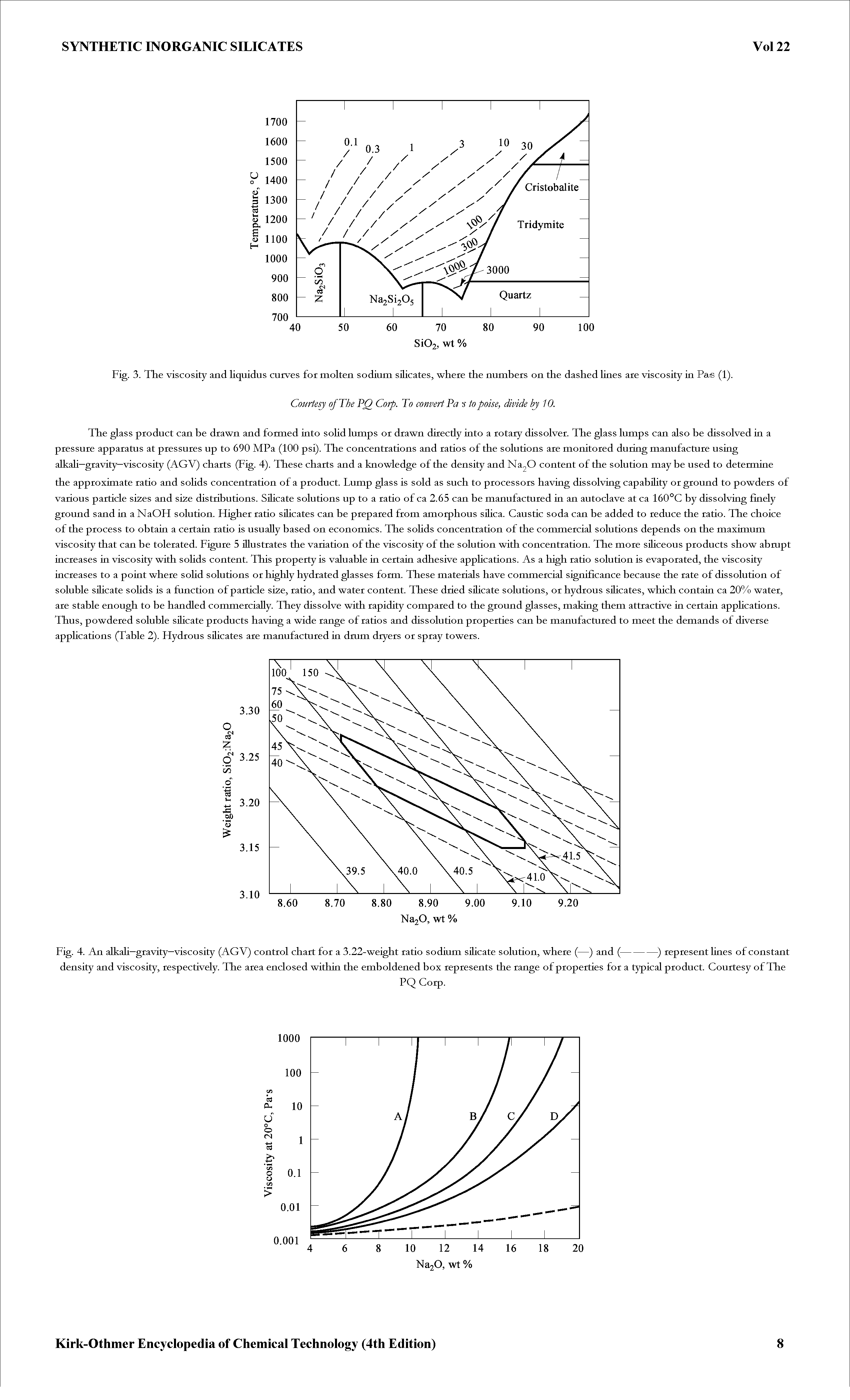 Fig. 3. The viscosity and liquidus curves for molten sodium silicates, where the numbers on the dashed lines ate viscosity ia Pa-s (1).