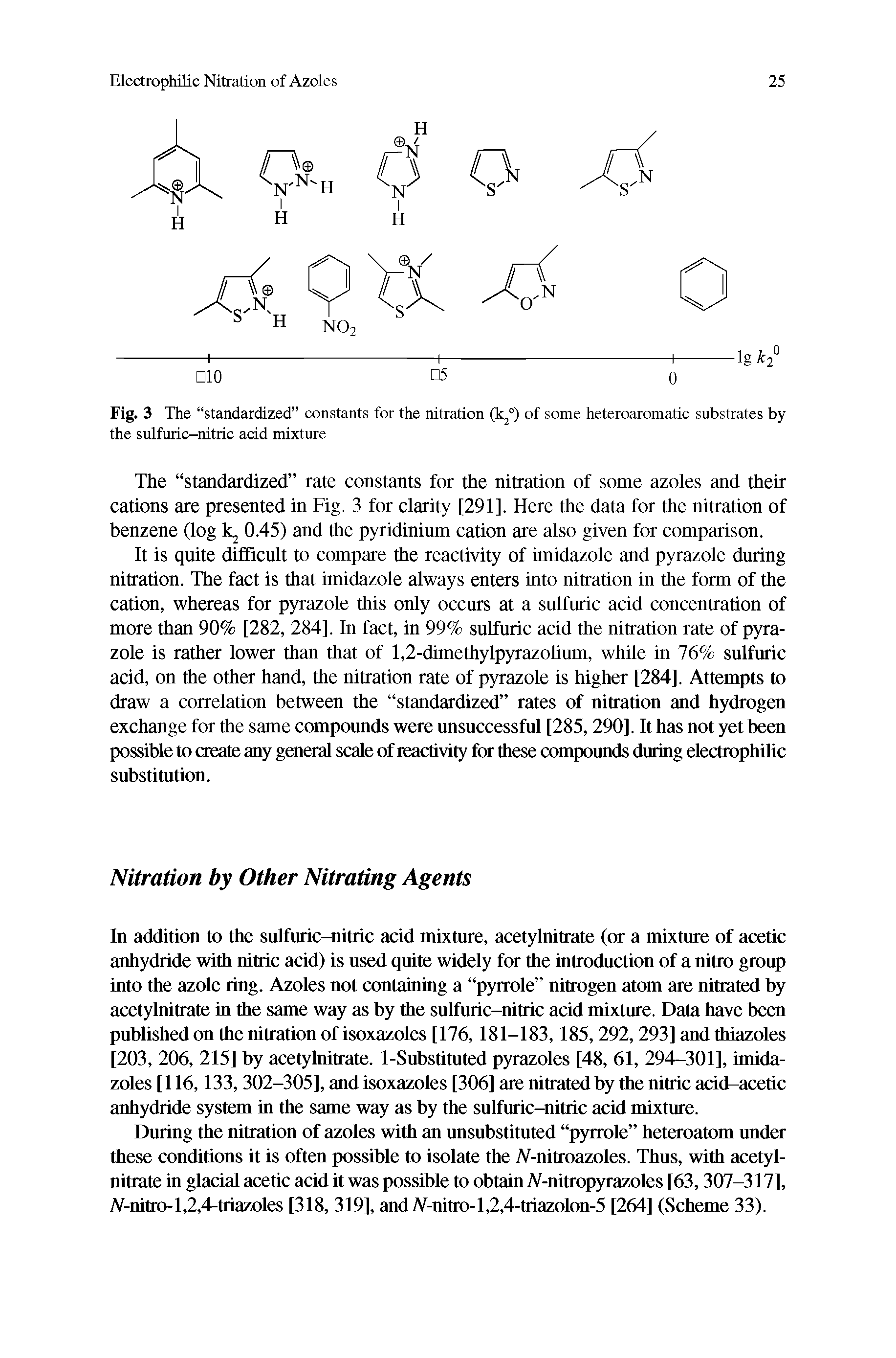 Fig. 3 The standardized constants for the nitration (k2°) of some heteroaromatic substrates by the sulfuric-nitric acid mixture...