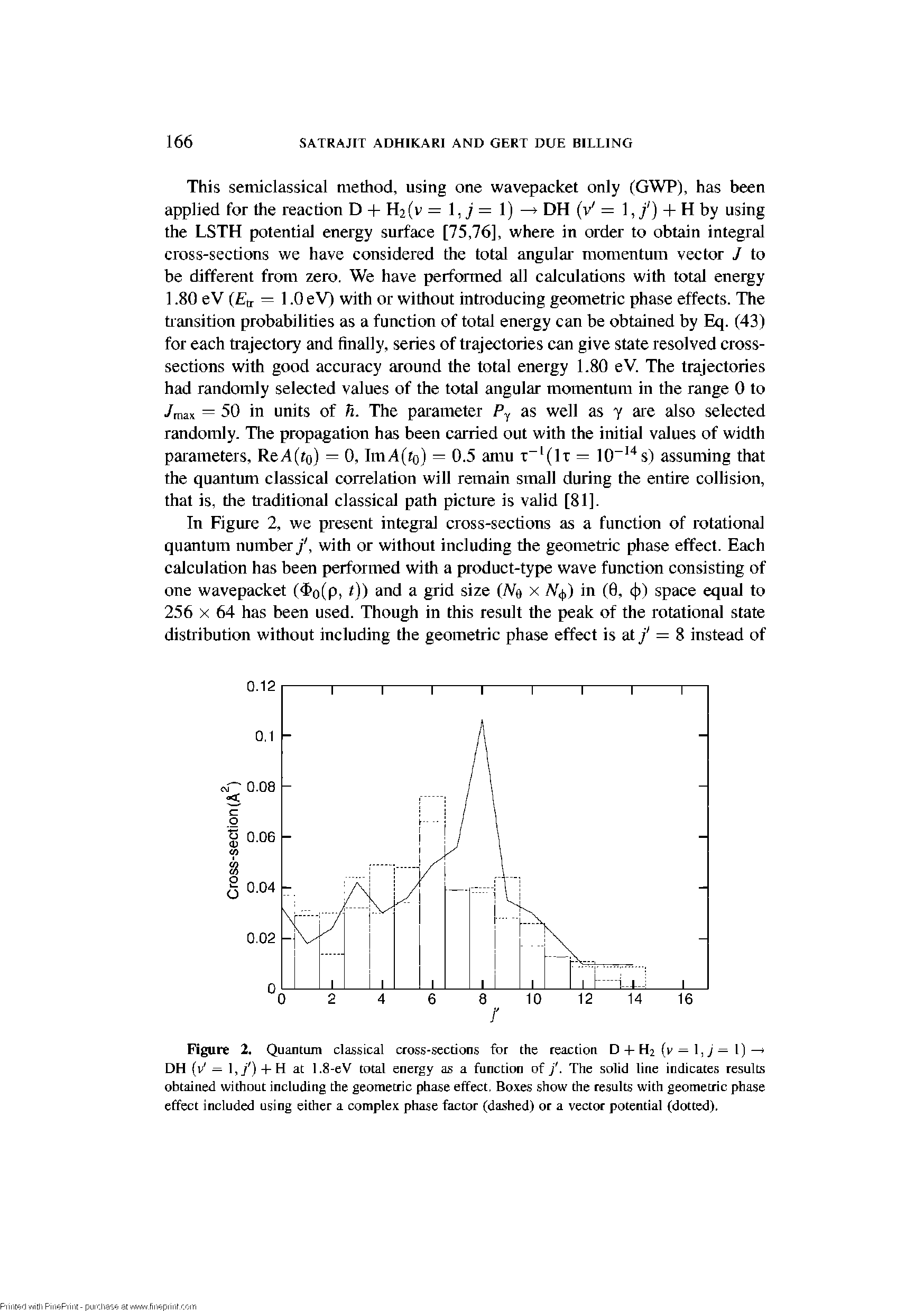 Figure 2. Quantum classical cross-sections for the reaction D-I-Ha (r — l,j — 1) DH (v — l,/)-l-H at 1.8-eV total energy as a function of /. The solid line indicates results obtained without including the geometric phase effect. Boxes show the results with geometric phase effect included using either a complex phase factor (dashed) or a vector potential (dotted).