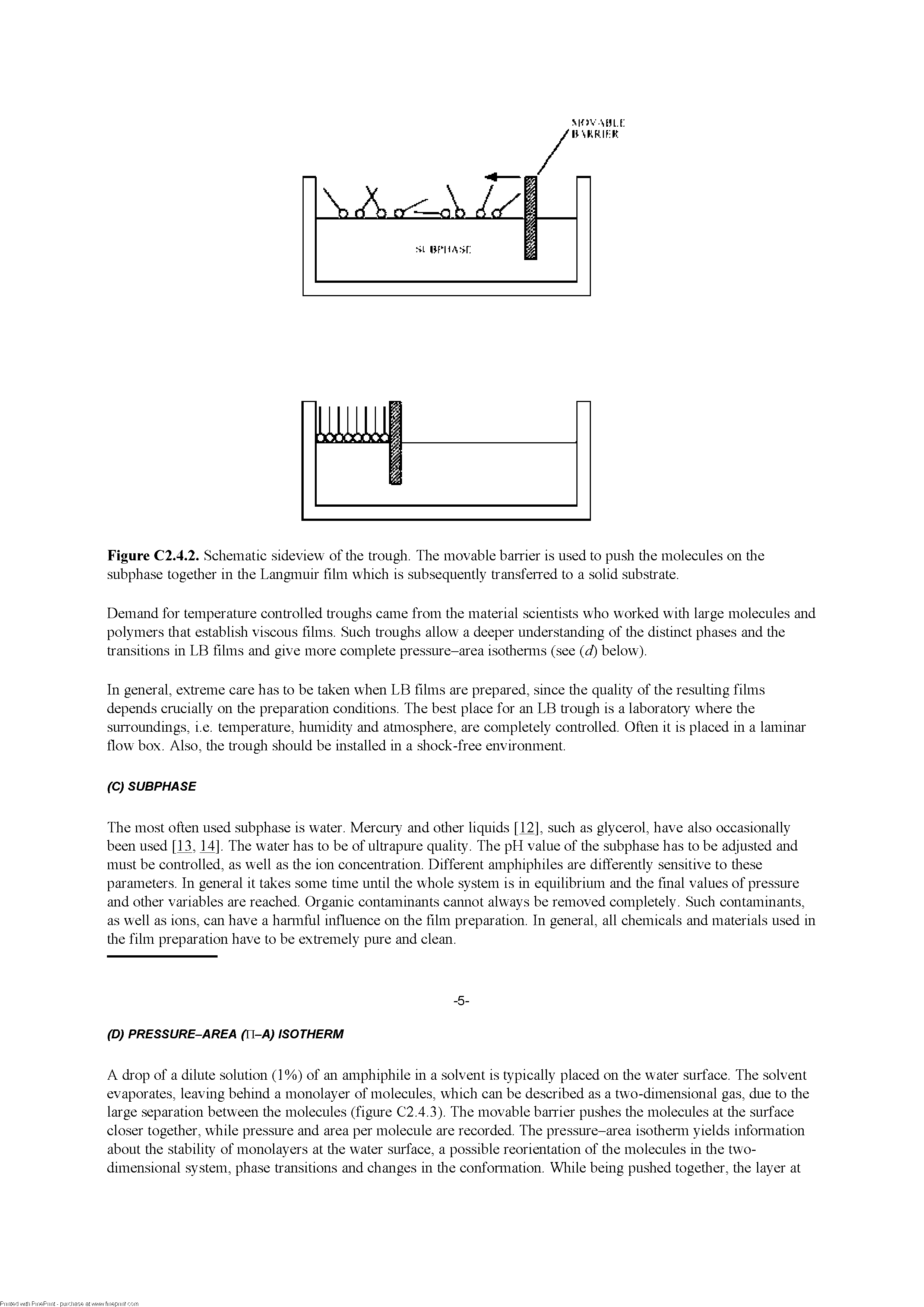 Figure C2.4.2. Schematic sideview of tlie trough. The movable barrier is used to push tire molecules on tire subphase togetlier in tire Langmuir film which is subsequently transferred to a solid substrate.