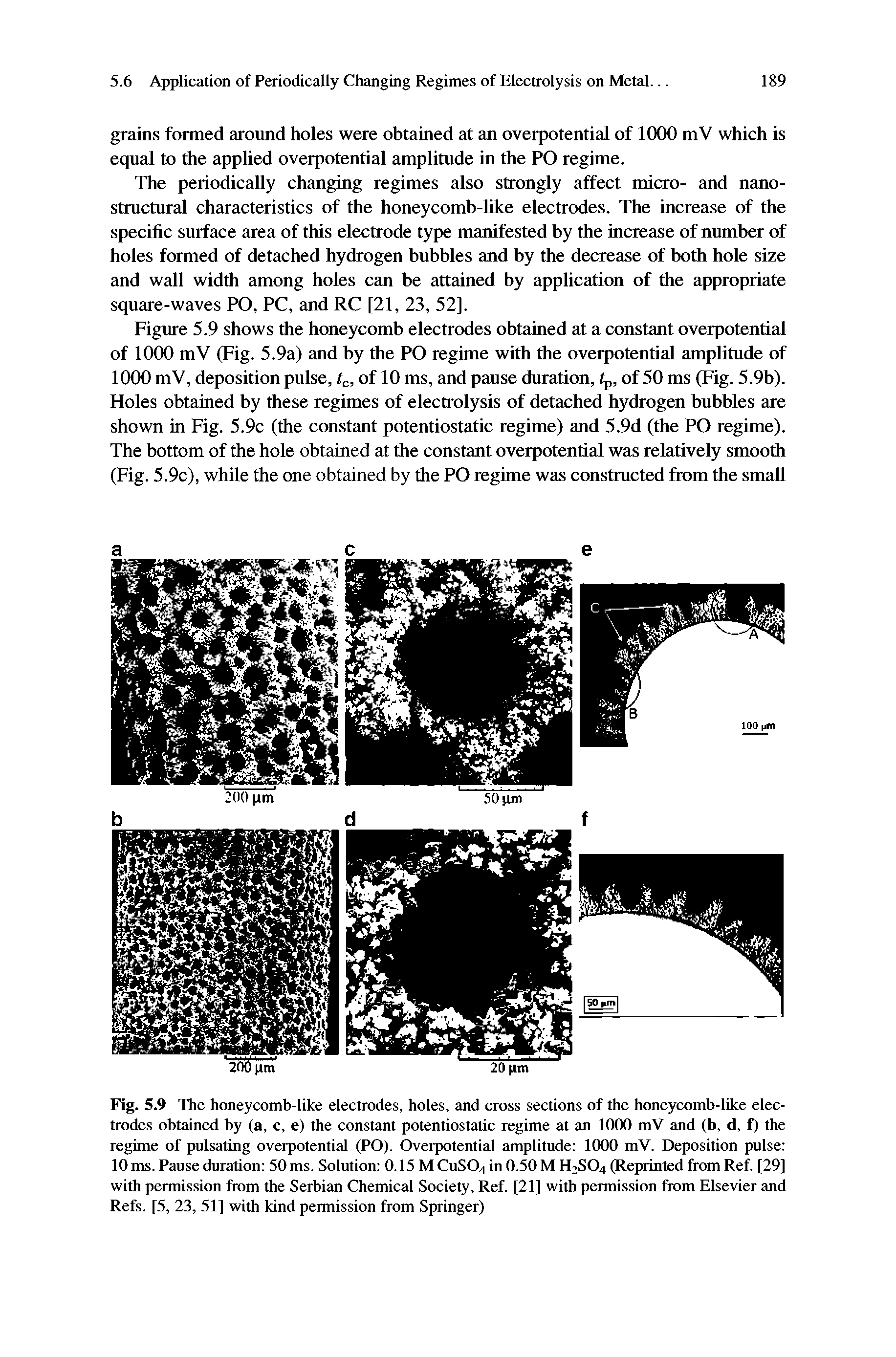 Figure 5.9 shows the honeycomb electrodes obtained at a constant overpotential of 1000 mV (Fig. 5.9a) and by the PO regime with the overpotential amplitude of 1000 mV, deposition pulse, t, of 10 ms, and pause duration, fp, of 50 ms (Fig. 5.9b). Holes obtained by these regimes of electrolysis of detached hydrogen bubbles are shown in Fig. 5.9c (the constant potentiostatic regime) and 5.9d (the PO regime). The bottom of the hole obtained at the constant overpotential was relatively smooth (Fig. 5.9c), while the one obtained by the PO regime was cmistructed from the small...