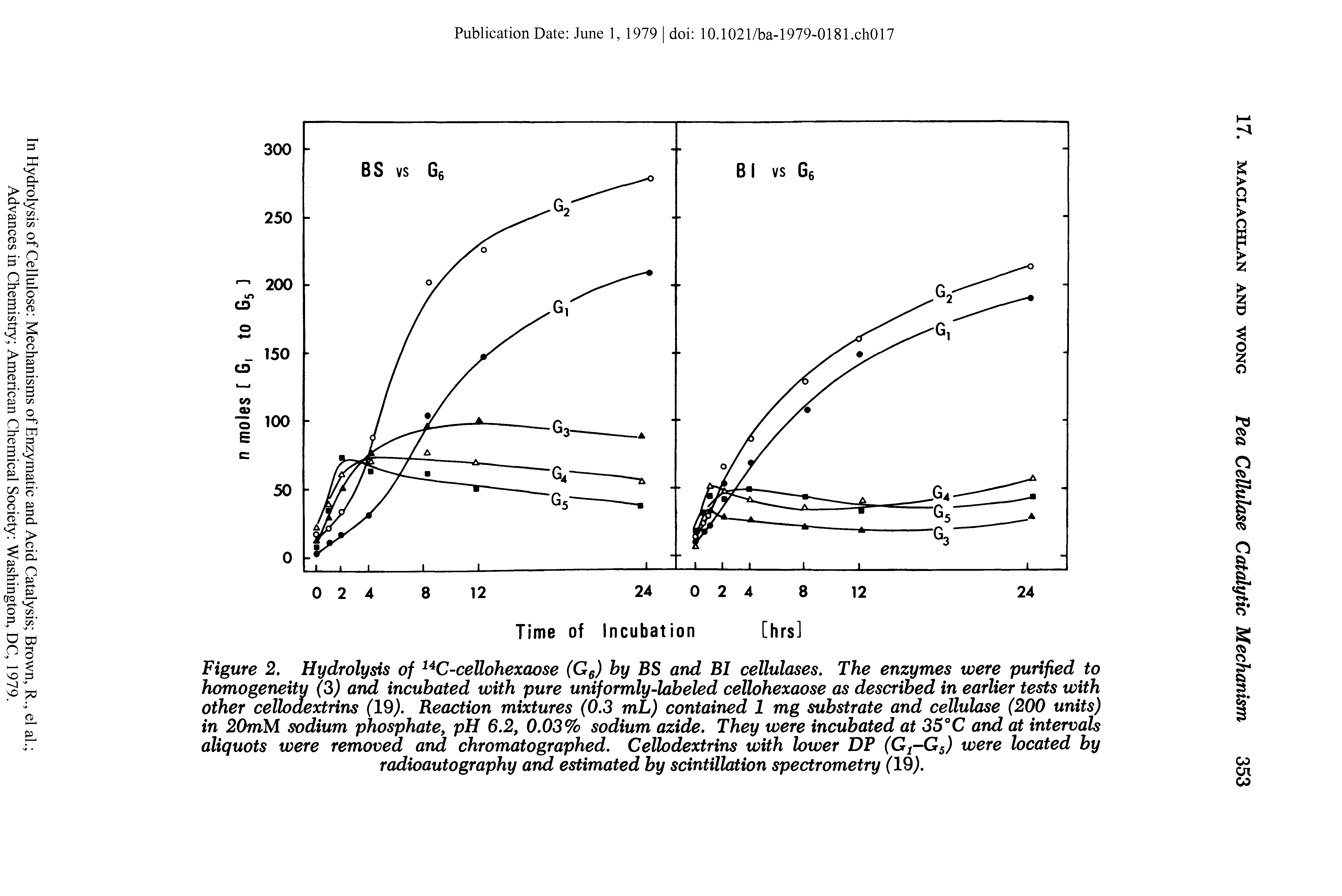 Figure 2. Hydrolysis of 14C-cellohexaose (G6) by BS and BI celluloses. The enzymes were purified to homogeneity (3) and incubated with pure uniformly-labeled cellohexaose as described in earlier tests with other celloaextrins (19). Reaction mixtures (0.3 mL) contained 1 mg substrate and cellulose (200 units) in 20mM sodium phosphate, pH 6.2, 0.03% sodium azide. They were incubated at 35°C and at intervals aliquots were removed and chromatographed. Cellodextrins with lower DP (Gt-G5) were located by radioautography and estimated by scintillation spectrometry (19).