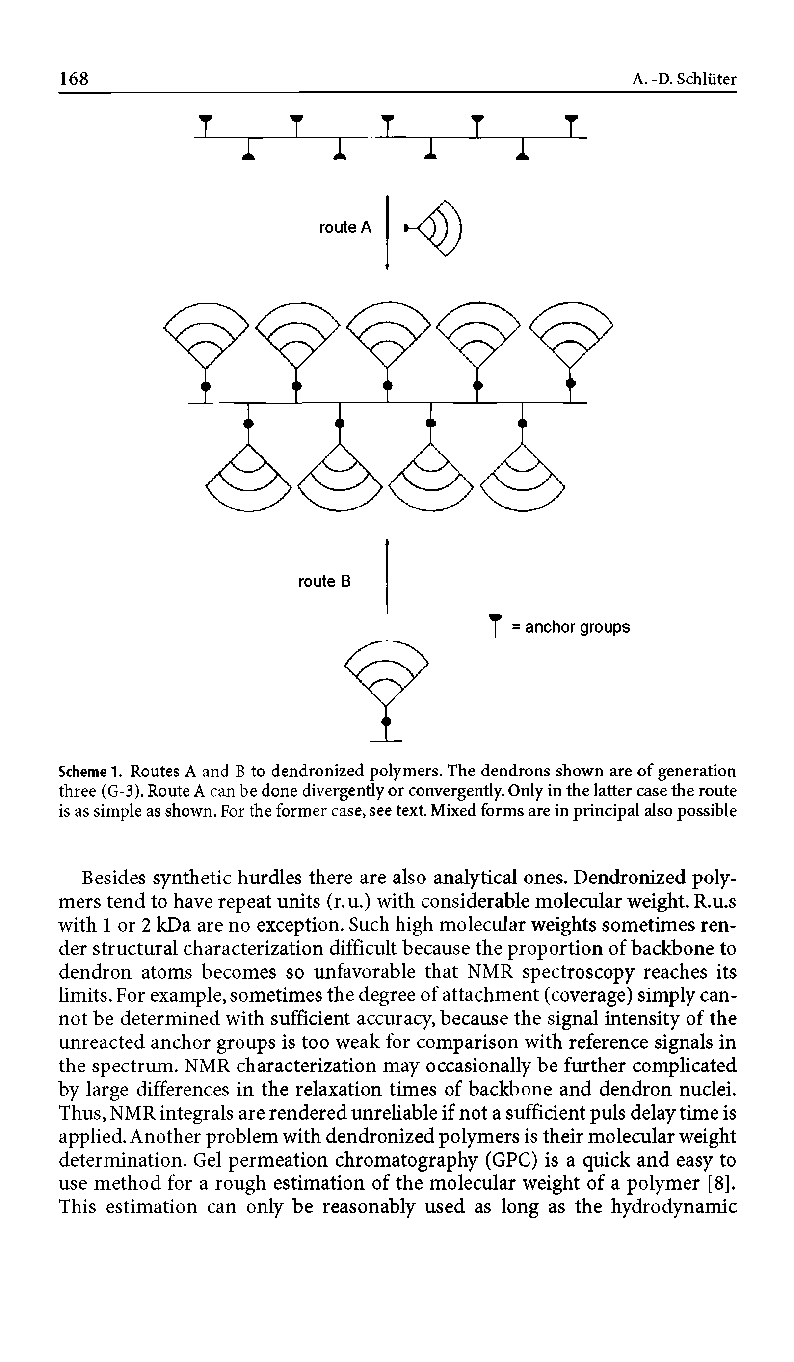 Scheme 1. Routes A and B to dendronized polymers. The dendrons shown are of generation three (G-3). Route A can be done divergently or convergently. Only in the latter case the route is as simple as shown. For the former case, see text. Mixed forms are in principal also possible...