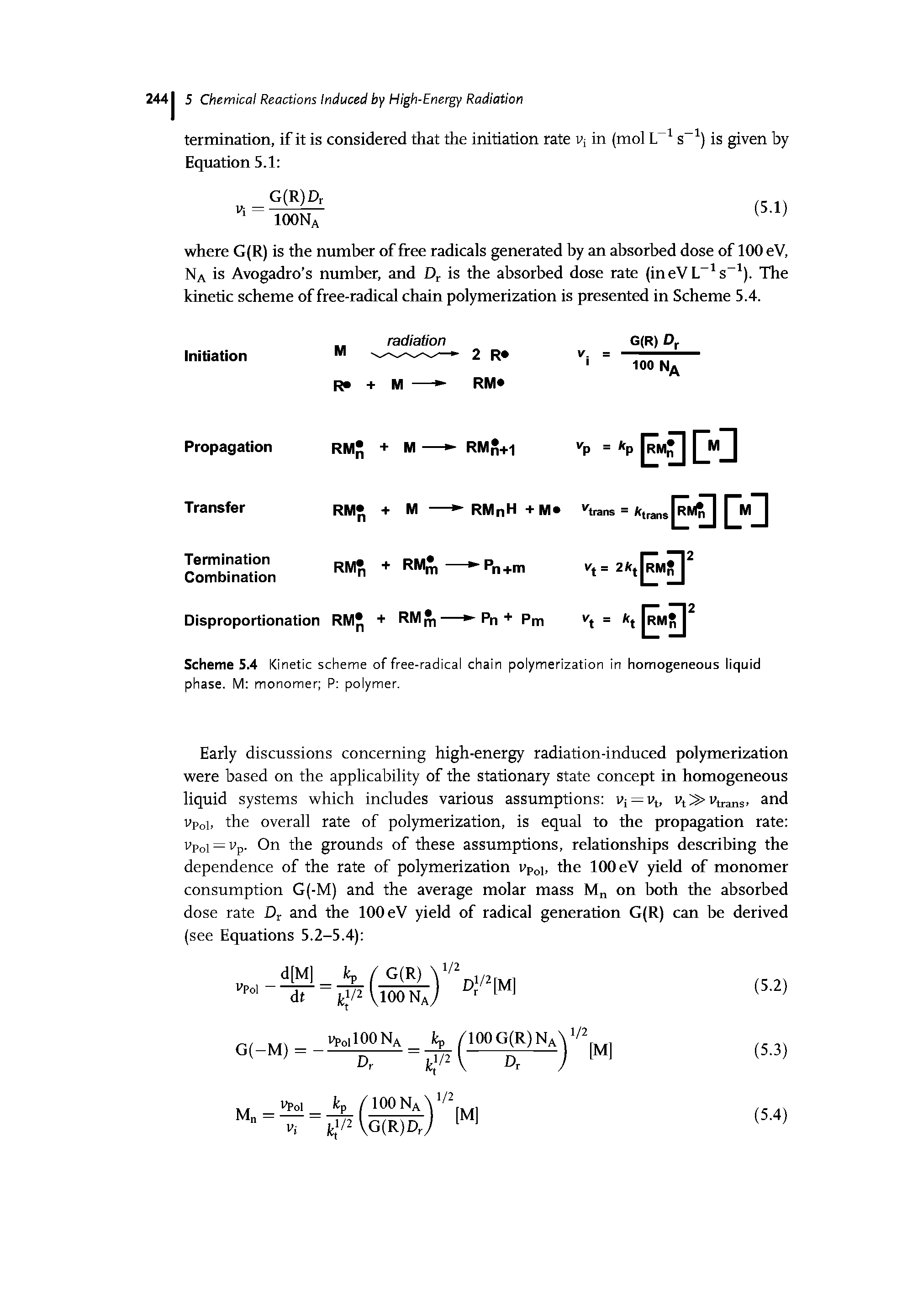 Scheme 5.4 Kinetic scheme of free-radical chain polymerization in homogeneous liquid phase. M monomer P polymer.