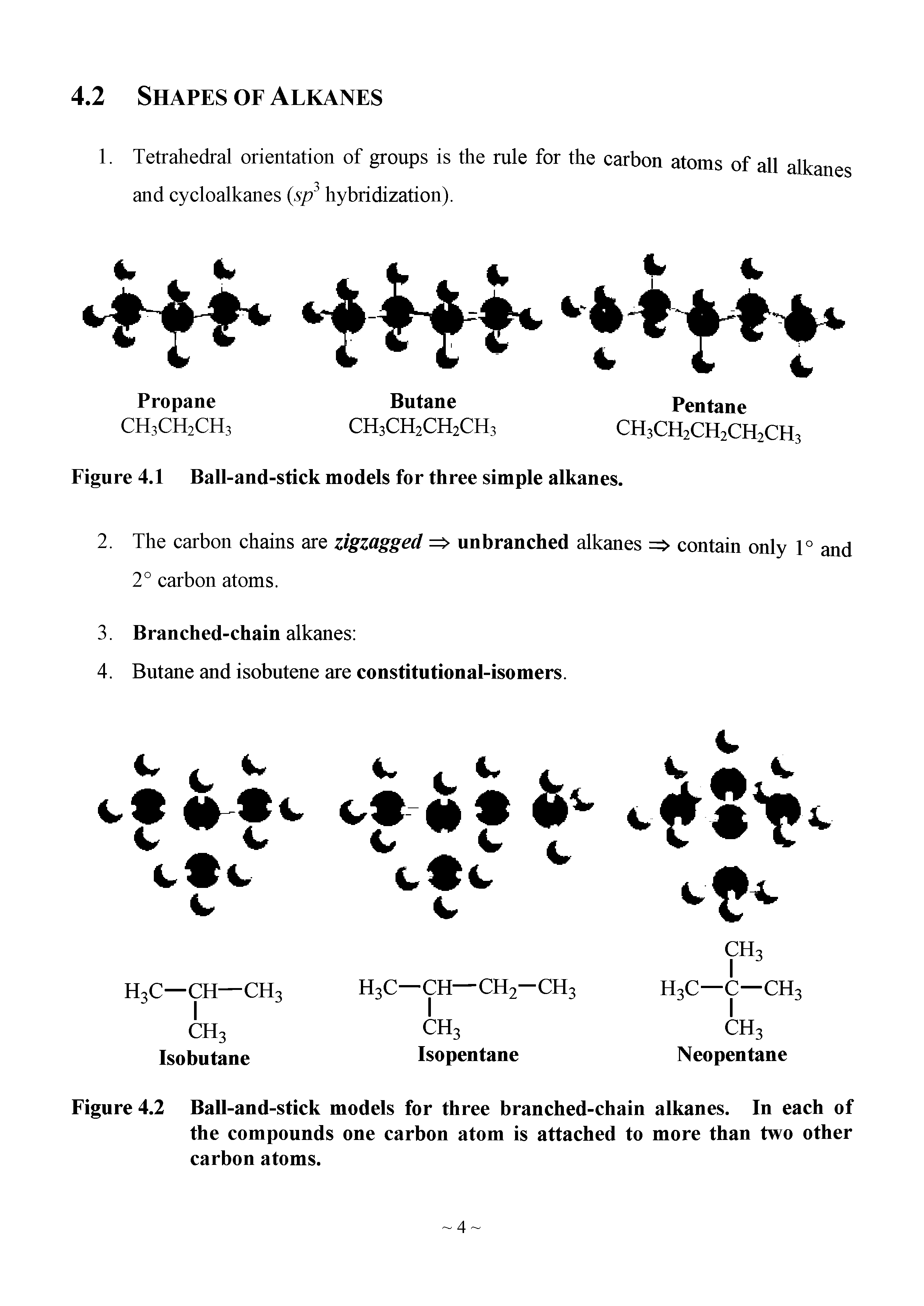 Figure 4.1 Ball-and-stick models for three simple alkanes.