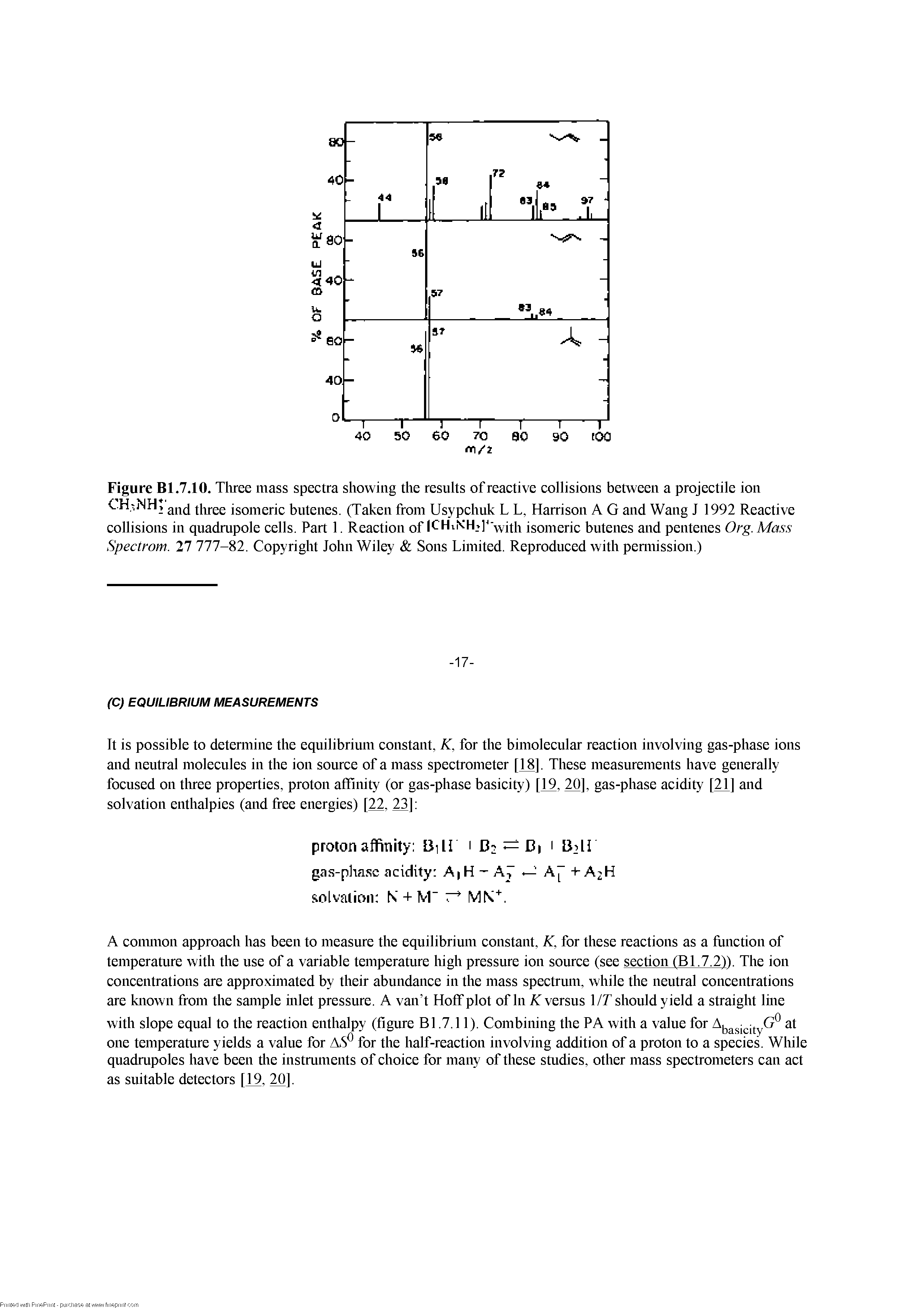 Figure Bl.7.10. Tliree mass spectra showing the results of reactive collisions between a projectile ion C H. NH, isomeric butenes. (Taken from Usypchiik L L, Harrison A G and Wang J 1992 Reactive...