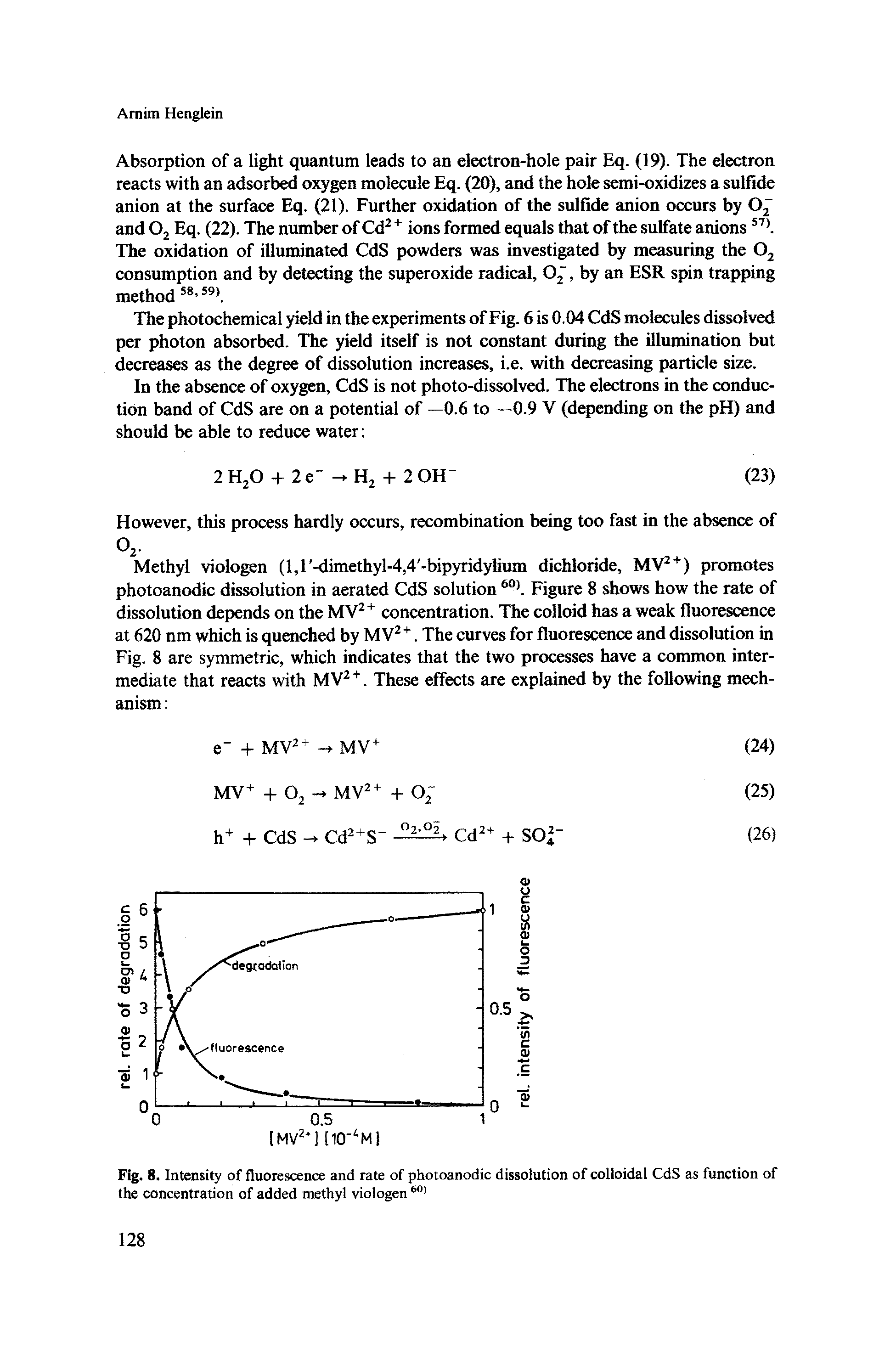 Fig. 8. Intensity of fluorescence and rate of photoanodic dissolution of colloidal CdS as function of the concentration of added methyl viologen...